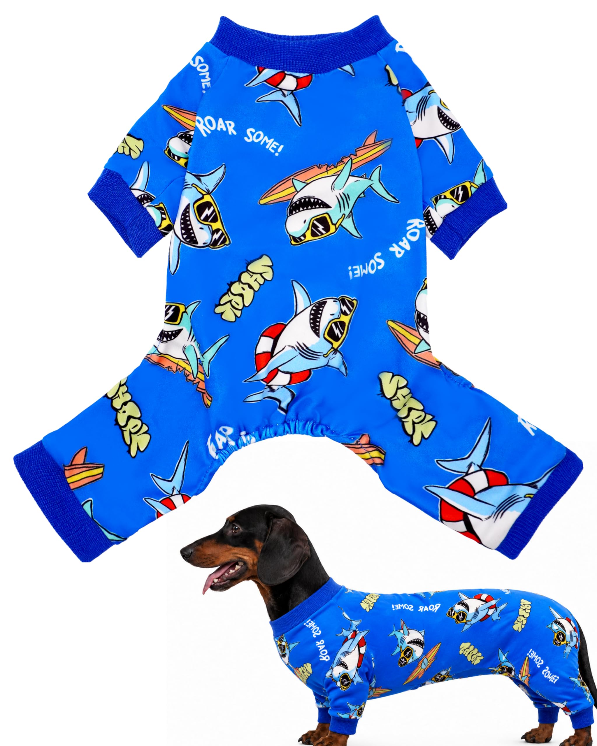 BIPY Dog Pajamas Milk Silk Fabric Breathable and Comfortable Elastic Dog Daily Clothes with Neckline Contraction to Prevent Hair Loss Cute and Cool Shark Pet Home Clothes，XL
