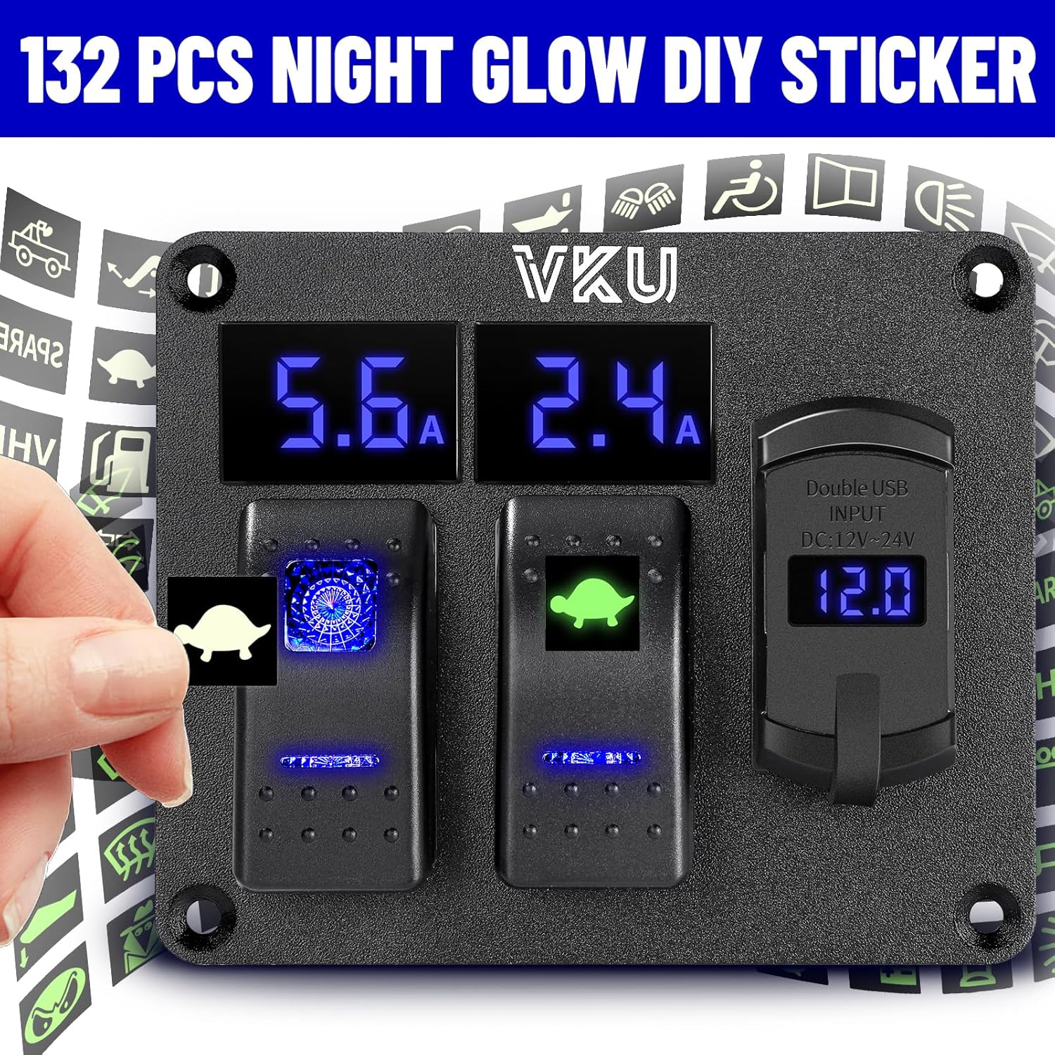 2 Gang Rocker Switch Panel with Ammeter and Voltmeter 4.8A Dual USB Charger Socket 12V 24V DC Aluminum Switches Panel 5Pin ON Off Switch for RV Cars Marine Boats ATVs Trailers