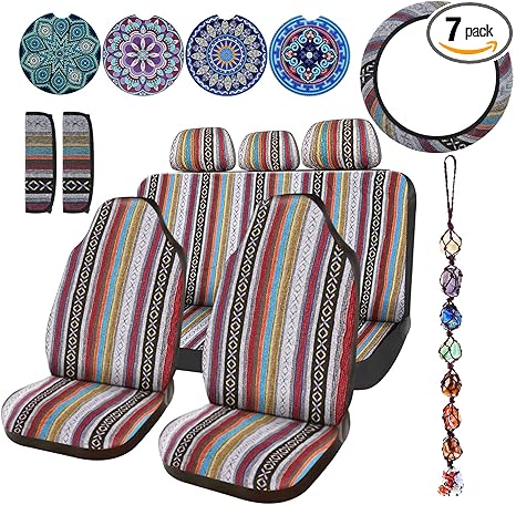 Frienda 14 Pcs Baja Car Seat Covers Full Set Multicolor Stripe Boho Print Steering Wheel Cover Seat Belt Cover Crystal Hanging Ornament Car Holders Fits (Stripe Style)