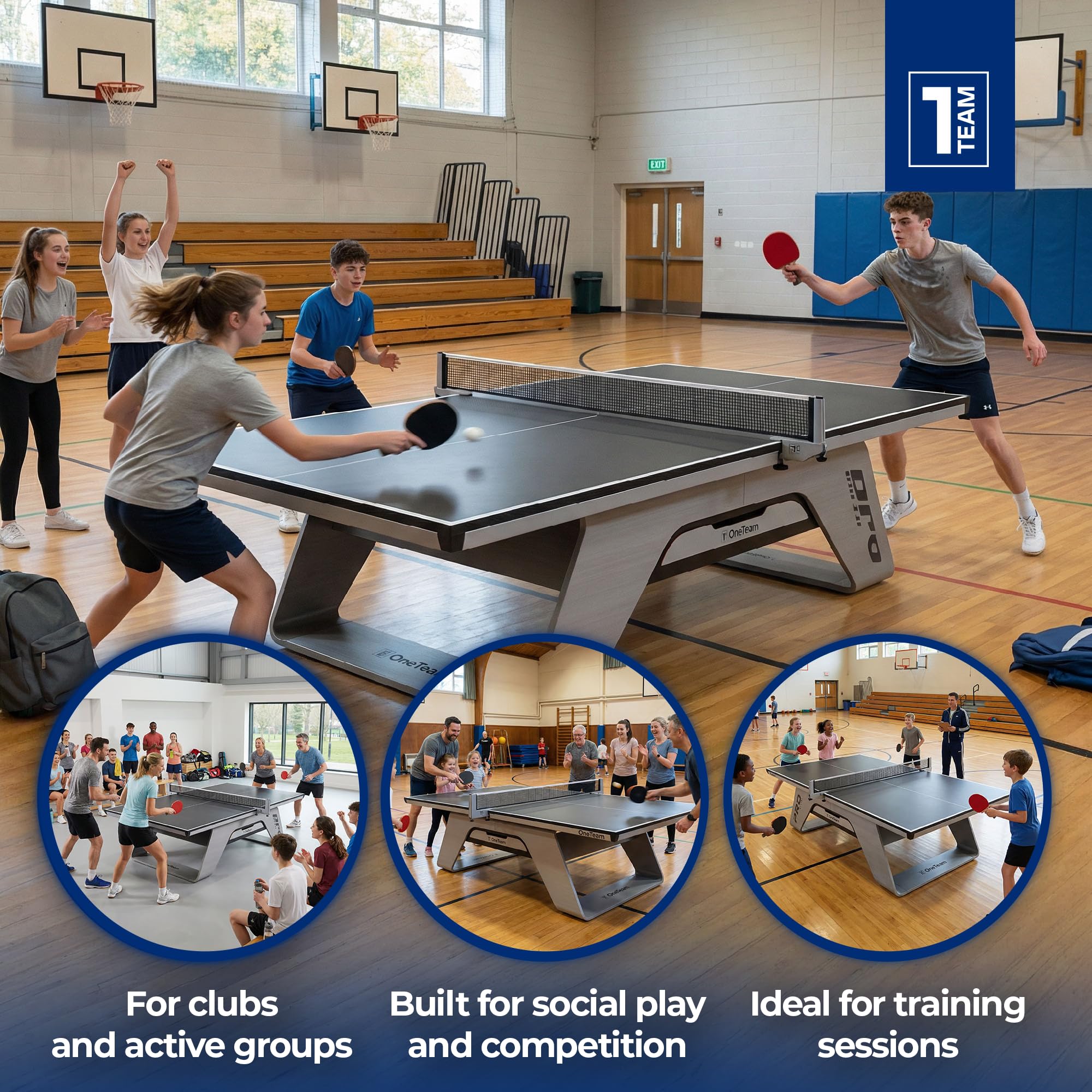 OneTeam Tischtennisplatte Indoor Profi – 22mm MDF Turnierplatte – 274x152,5x76 cm – Stabil 147kg – Mit Netz & Schublade – OT-TTI-PRO Schwarz/Bambus Design