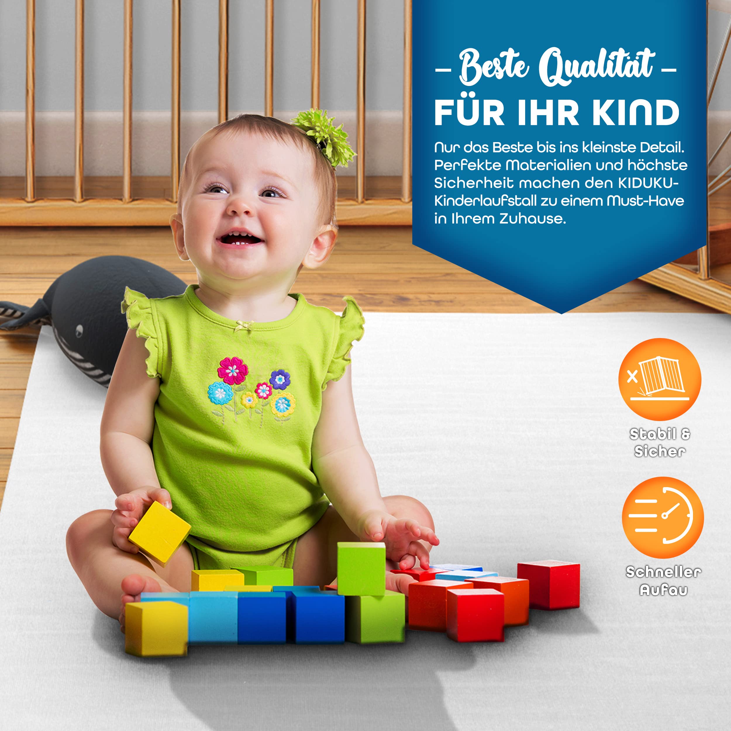 KIDUKU® 7,2 Meter Baby Laufgitter XXL klappbar inkl. Tür | Laufstall mit doppelter Sicherung | Absperrgitter für Kinder inkl. 8 Elementen | Krabbelgitter individuell formbar