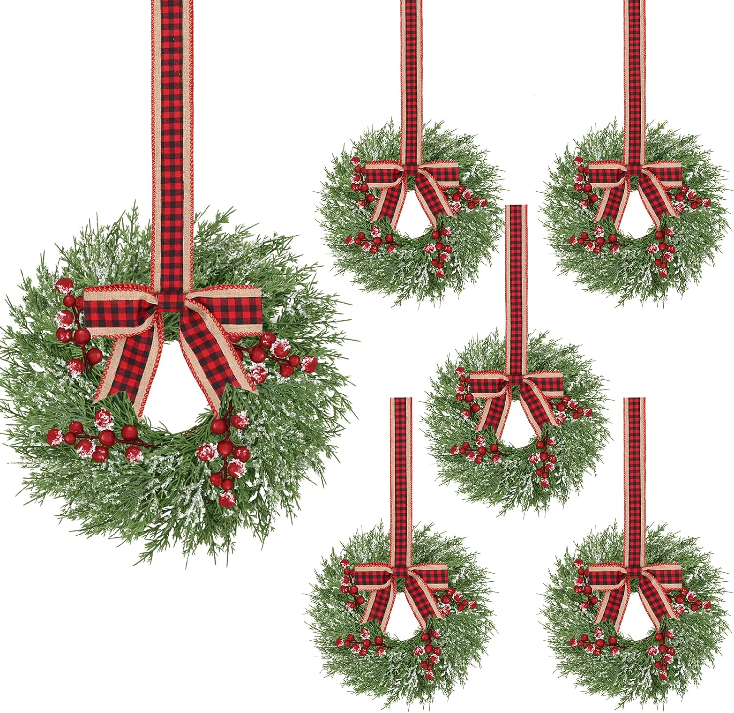 6 Pcs 14 Inch Small Christmas Wreath, Christmas Wreaths for Windows, Winter Mini Wreaths Christmas, Cabinet Wreaths for Kitchen, Window Decorations for Front Door Candle Rings Outdoor Indoor Green, Red 6 Pcs