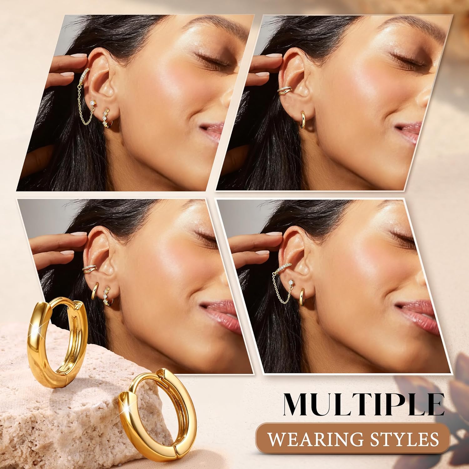 Florideco 4 Pairs Small Hoop Earrings for Women Trendy 14K Gold Plated Chain Drop Earrings Set Hypoallergenic CZ Huggie Hoops Lightweight Cartilage Earring Stacks Women's Jewelry Gifts - Image 5