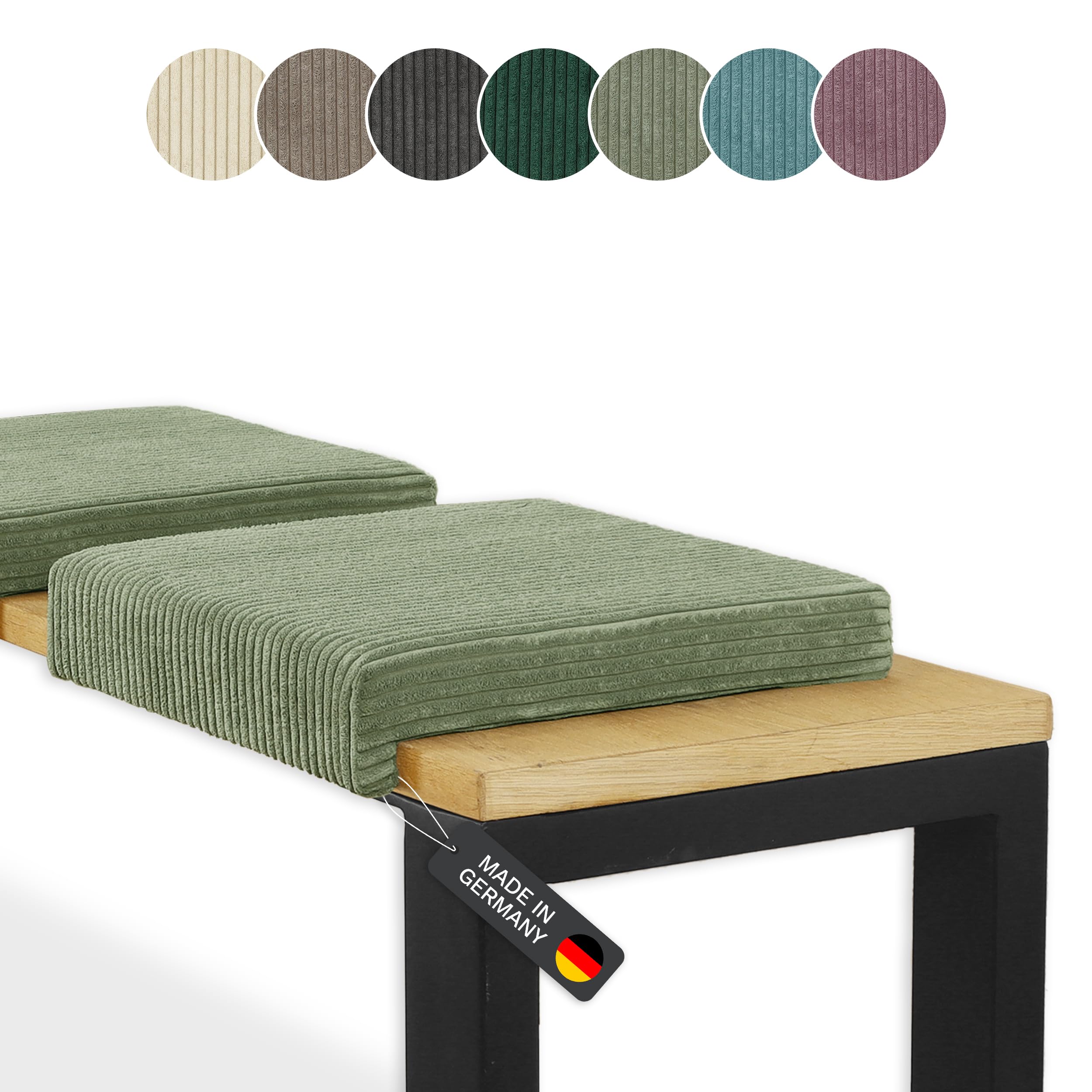 Lycce Coussin de banc à pince, 1 barre en tissu côtelé, rembourrage supplémentaire, profondeur du banc à partir de 35 cm (sauge)