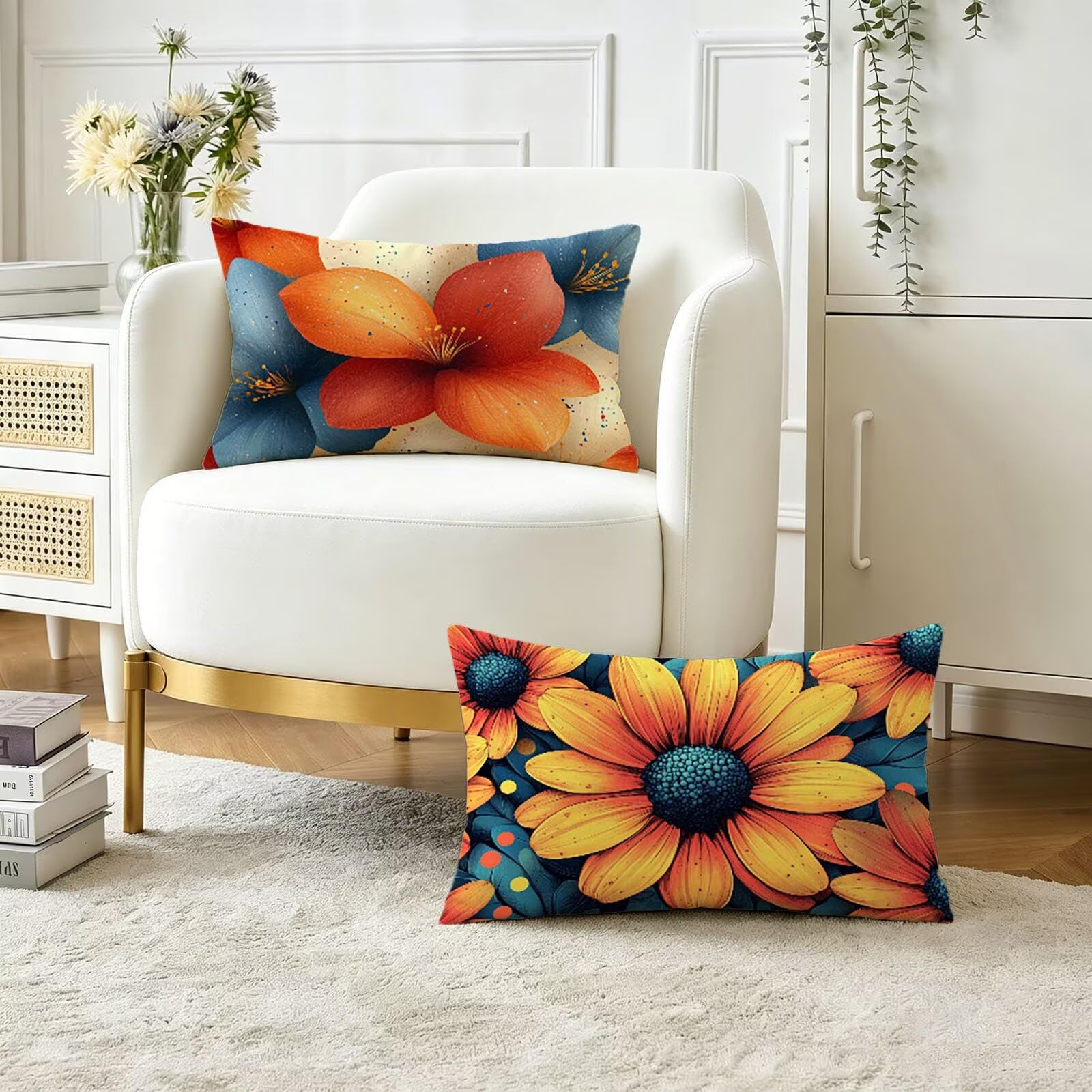 Coussin Exterieur Impermeable Anti Tache Housse Velours 50x80 cm Fleurie pour Canapé de Jardin