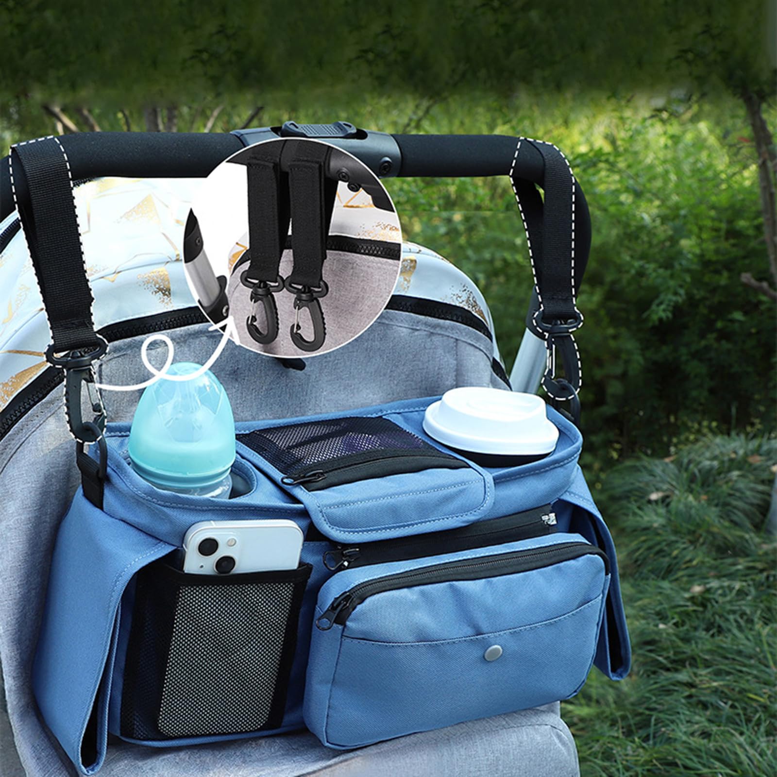 Organizador de cochecito con funda extraíble para teléfono móvil y correa para el hombro, bolso impermeable para cochecito de bebé, multifuncional de poliéster