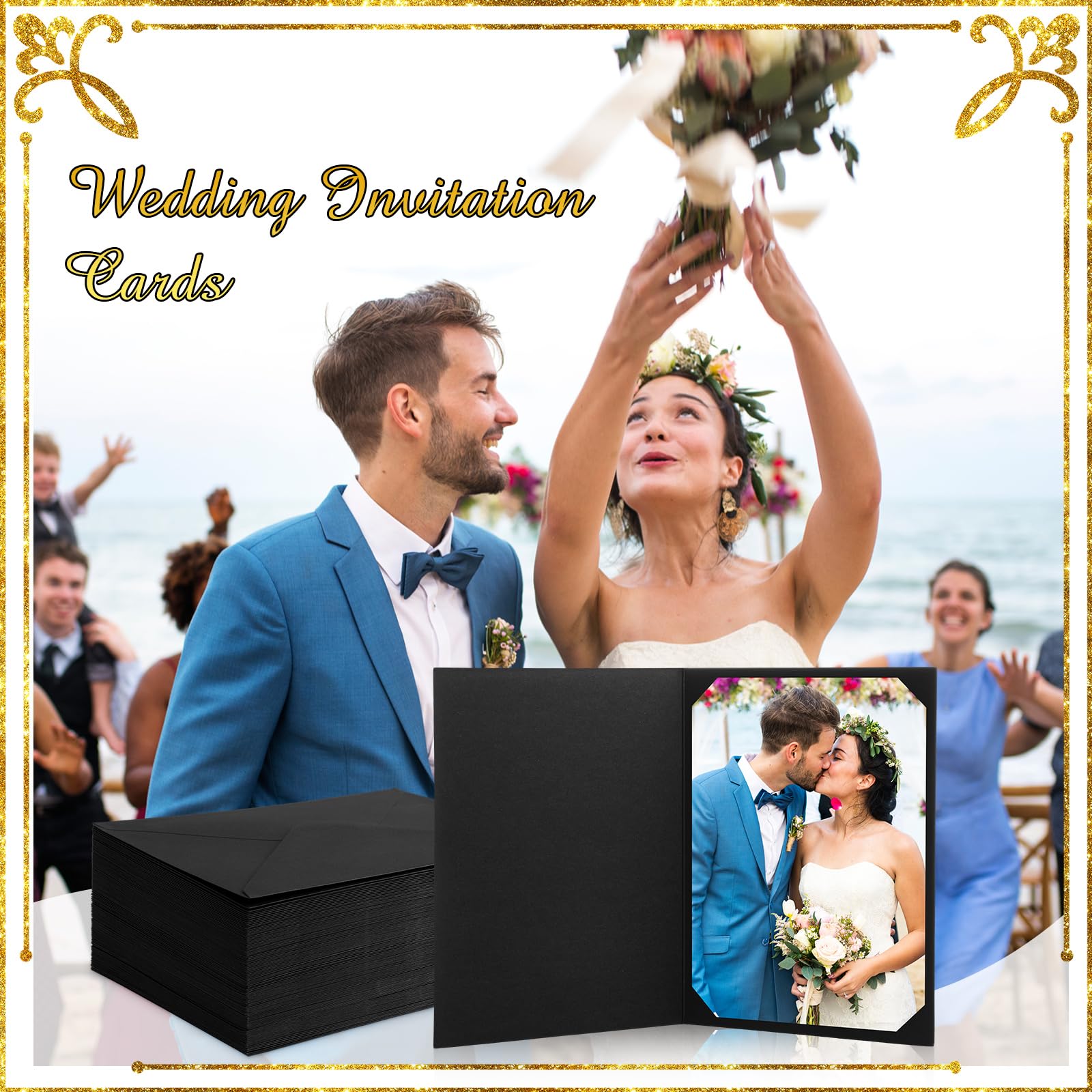 Zhanmai 100 Sets Photo Folders with Self Adhesive Envelope for 5 x 7 Pictures Greeting Cards Heavyweight Cardboard Picture Photo Frame Note Cards for Wedding Christmas (Black with Silver Lining)