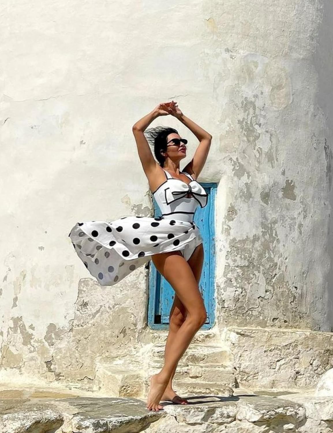 FLAXMAKER Black and White Swimsuit Bow-tie Decor Women's Polka dot Print Skirt One Piece Bathing Suit with Skirt