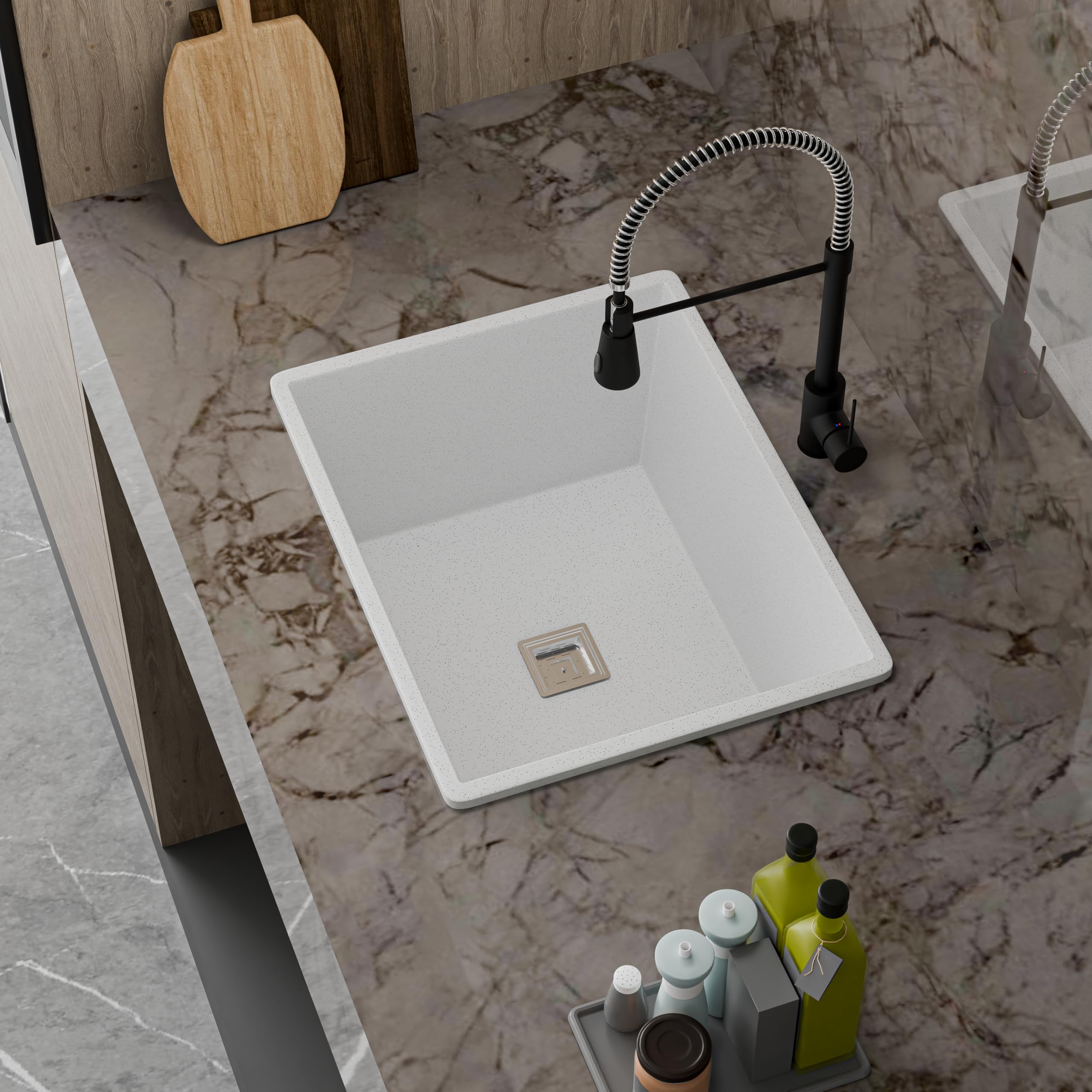 HISRE Single Bowl Quartz Kitchen Sink 21X18X9 Inch | Deep Undermount or Drop In Basin for Kitchen | Easy Clean and Scratch Resistant | Heavy Duty Construction for Long Lasting Use | White, photo 3 of 4