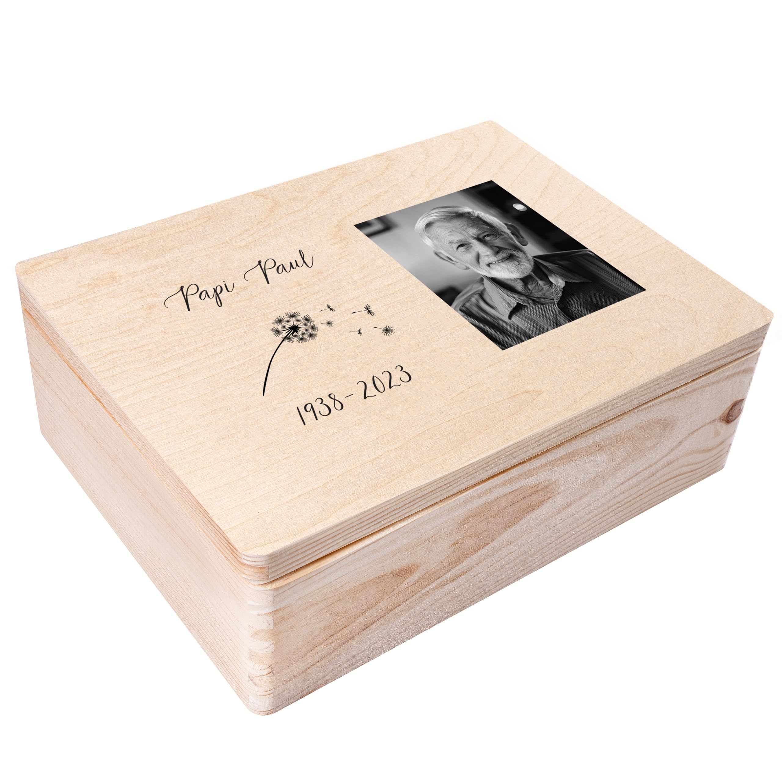Creative Deco Boîte à Souvenirs Deuil avec Prénom, Texte et Photo | 40 x 30 x 14 cm | Cadeau de Deuil Personnalisé avec Gravure Pissenlit | Souvenir Commémoratif Personnalisable pour Proche et Défunt
