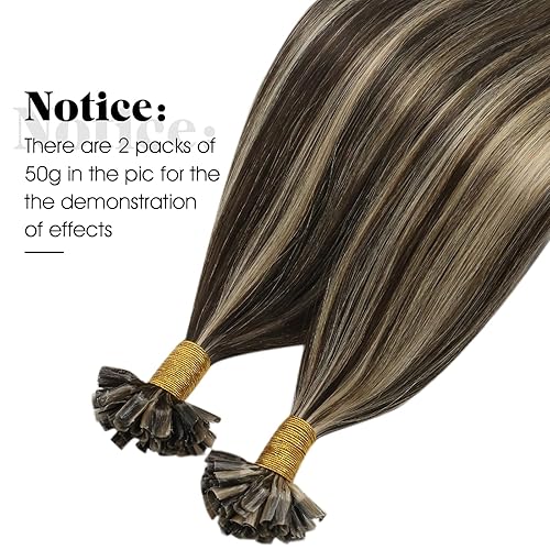 Miniatura 8 de Moresoo Extensiones de cabello humano con punta en U de 24 pulgadas, extensiones de cabello humano con queratina, color marrón oscuro con rubio