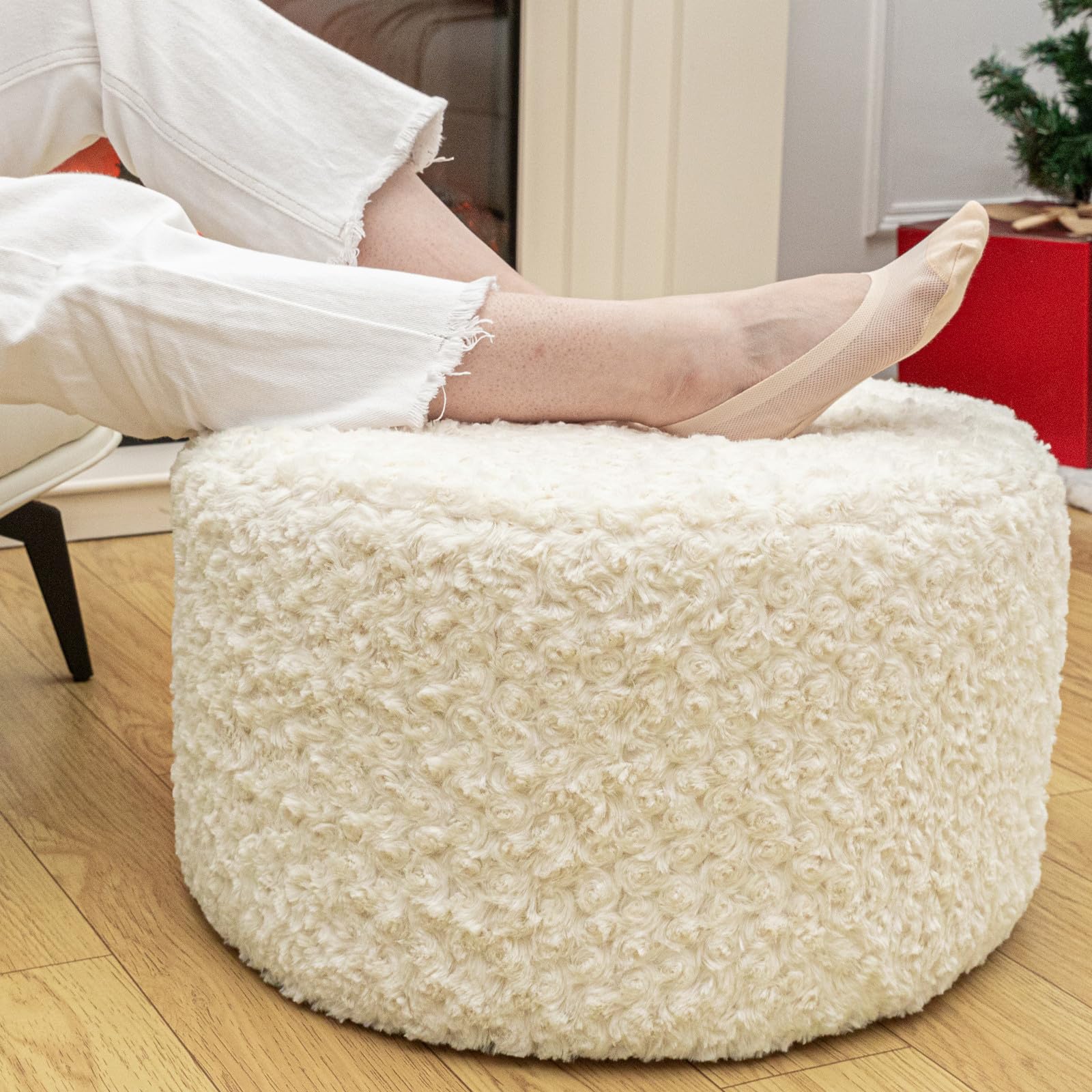 Pouf Ottoman Stuffed Modern Foam Flower Fur Floor Pouf Round Foot Stool 20x12 Inches Ottoman Foot Rest Ivory
