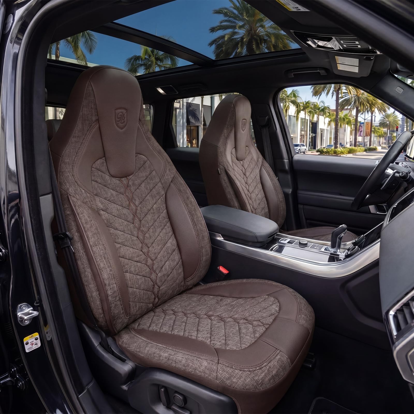 Coprisedili universali per auto e SUV – Coprisedili anteriori di alta qualità, in lino, marrone, compatibili con airbag, coprisedili per auto, set completo con kit di montaggio