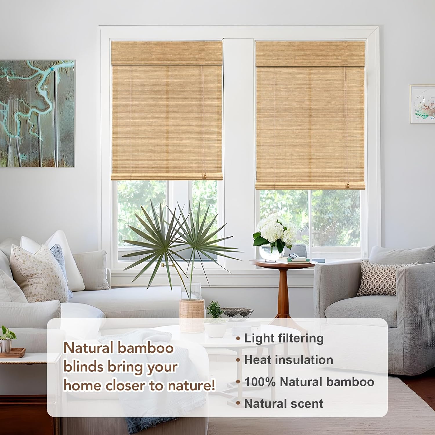 No Tool No Drill Bamboo Blinds for Interior Windows, Bamboo Shades for Indoor Windows, Roller Shades for Indoor Window and Outdoor Patio, Easy to Install for Home & Porches