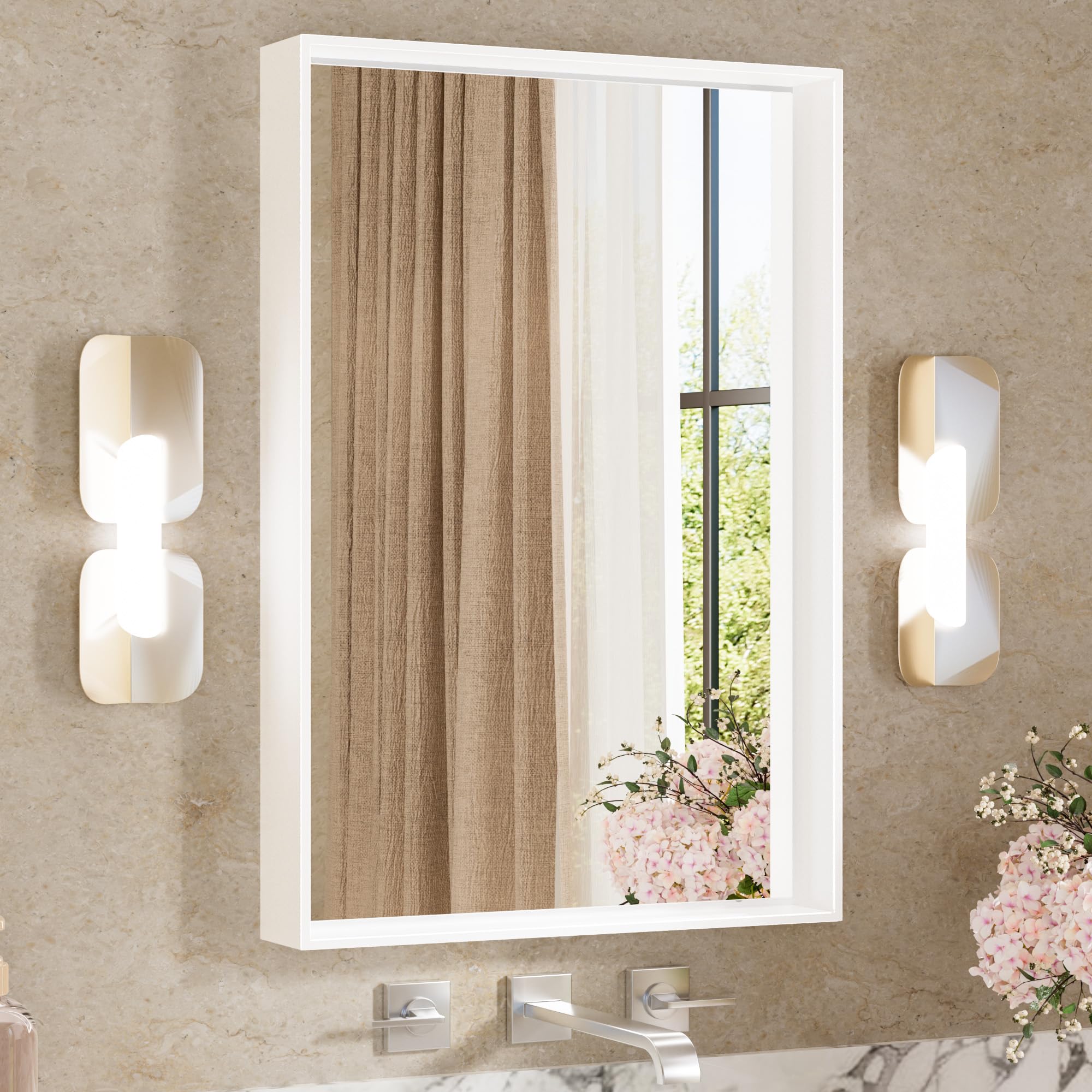 Keonjinn White Mirrors for Wall 16 x 24 Inch Bathroom Mirrors for Vanity Metal Framed Rectangle Mirror Square Corner Matte White Mirror, Modern Decorative Rectangular Mirror(Horizontal/Vertical)