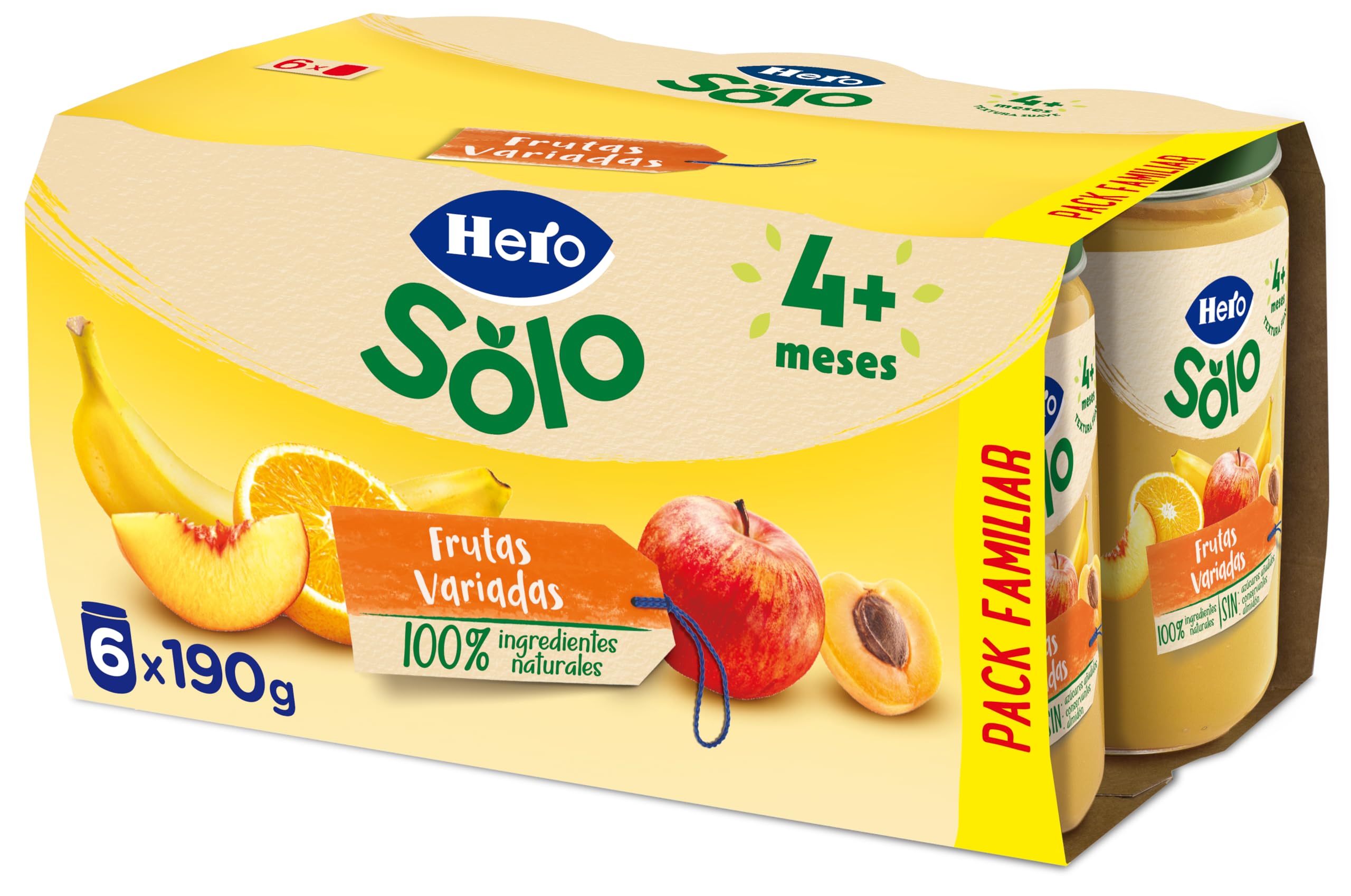 Hero Baby - Tarritos de Frutas Variadas, Sin Almidón, Sin Azúcares Añadidos, 100% Ingredientes Naturales, para Bebés a Partir de los 4 Meses, Pack de 6x190g