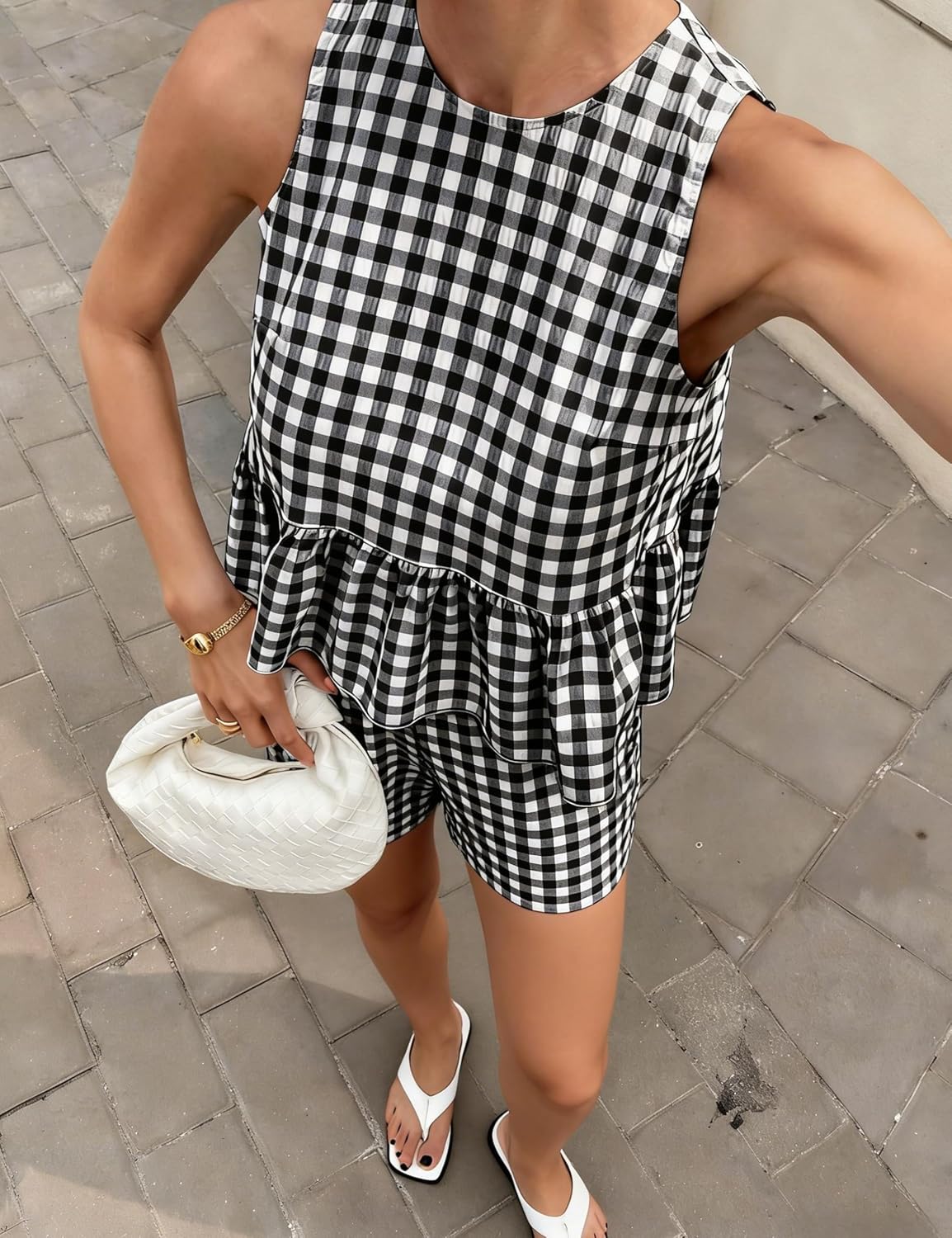 Tanming 2 Piece Sets for Women Summer Outfits Gingham Plaid Tank Tops High Waist Shorts Matching Lounge Sets