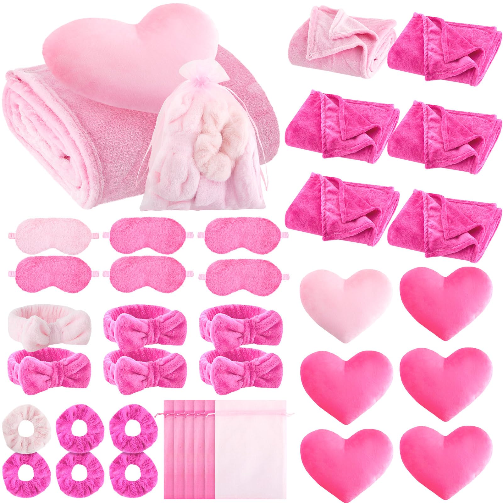 Fanfanwin 36 Pcs Sleepover Party Supplies for Girl Spa Slumber Birthday Favors Throw Blanket Pillow Eye Mask Headband Scrunchies (Solid Color,30 Hot Pink,6 Pink)