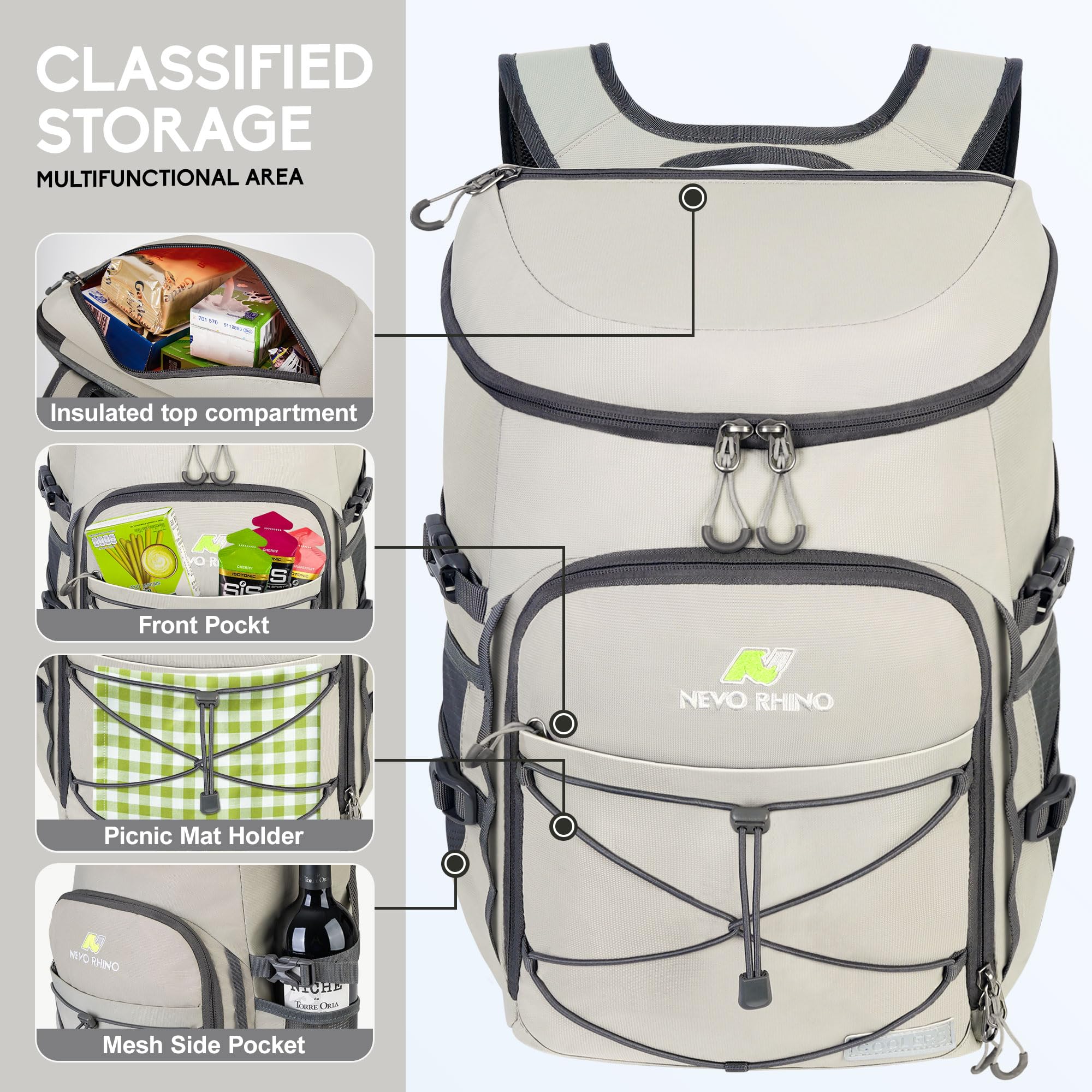 Enfriador de mochila, 36 latas, gris claro, nailon, aislado, impermeable, a prueba de fugas, gran capacidad, múltiples bolsillos, 1.85 libras 6