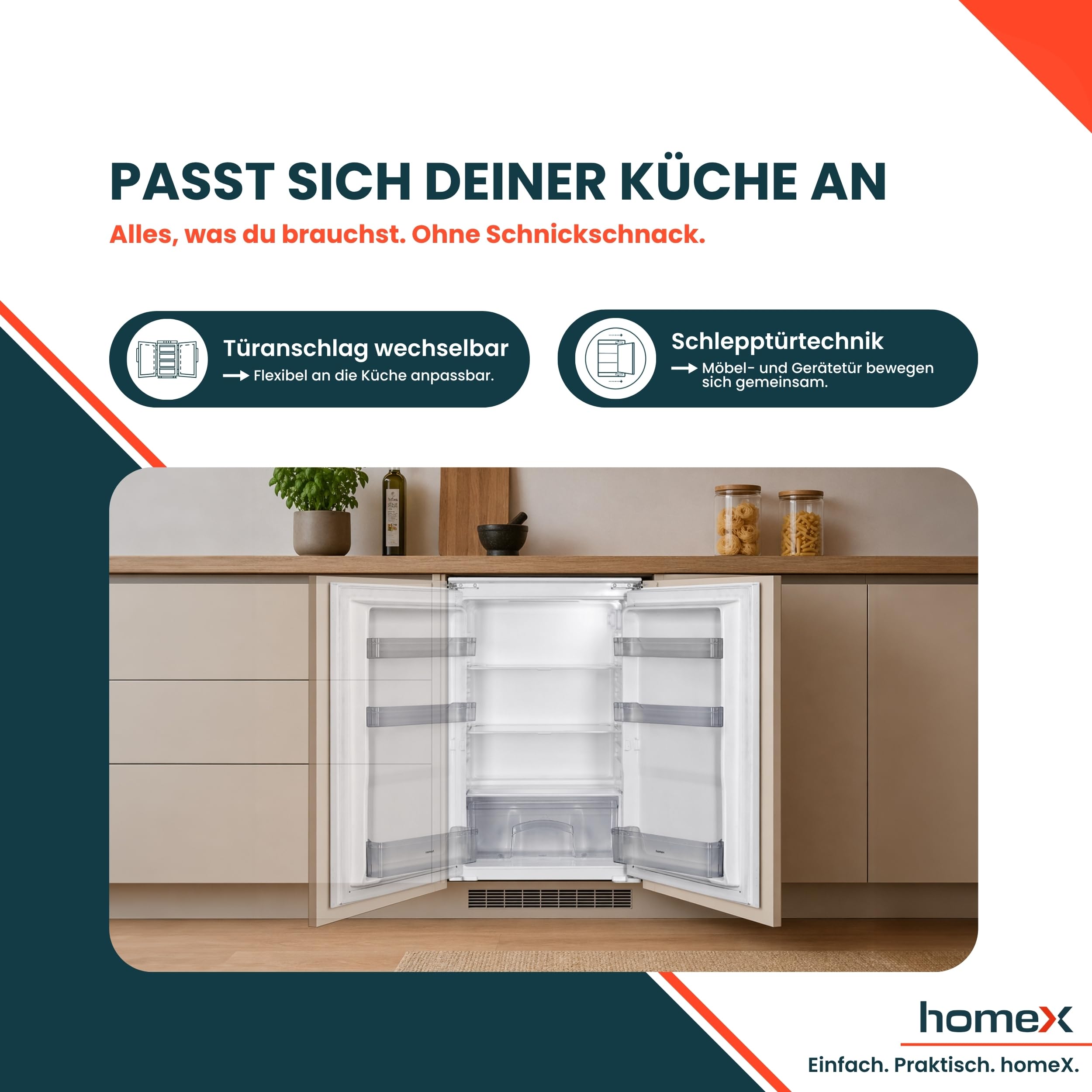 homeX Einbaukühlschrank 88cm Nische 129 Liter Schlepptürtechnik LED-Beleuchtung leise 37 dB CB1291E