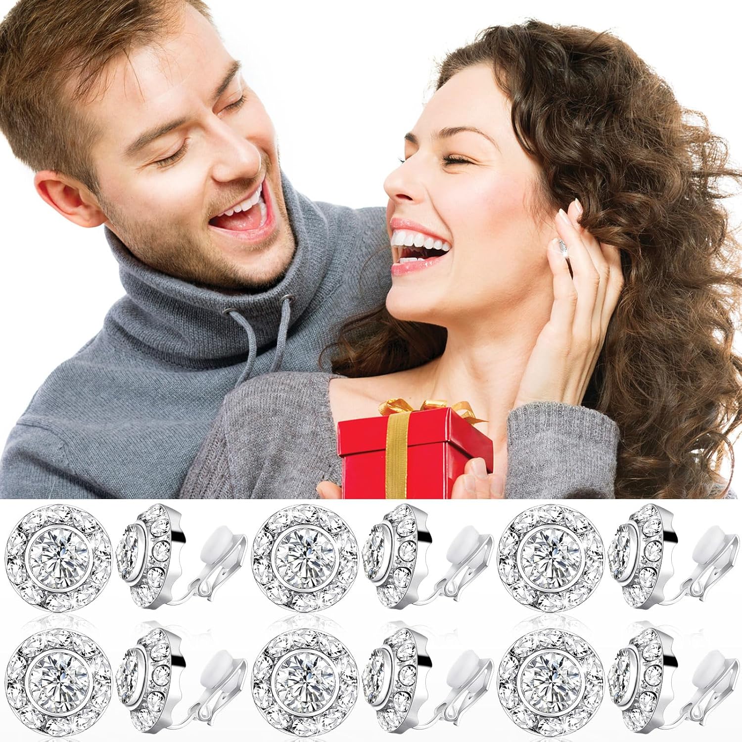 Bonuci 12 Pairs Clip on Dance Earrings Competition Rhinestone Ear Clips 15mm Silver Crystal Round Earrings Jewelry Gifts for Women Girls 0.59 Inch Valentine's Day Gifts - Image 7