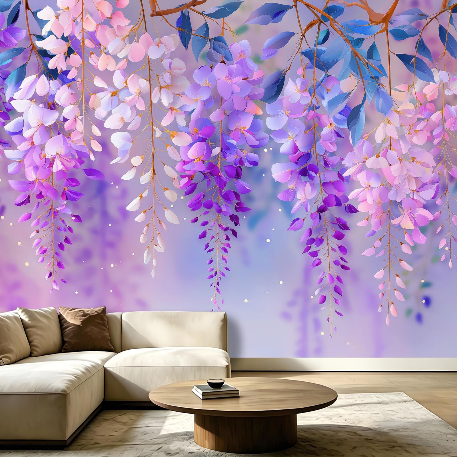 Générique Panoramiczna tapeta z włókniny oceaniczna kwiatowa akwarela 300 x 210 cm plakat ścienny fioletowe winorośle liście, do salonu pokój dziecięcy