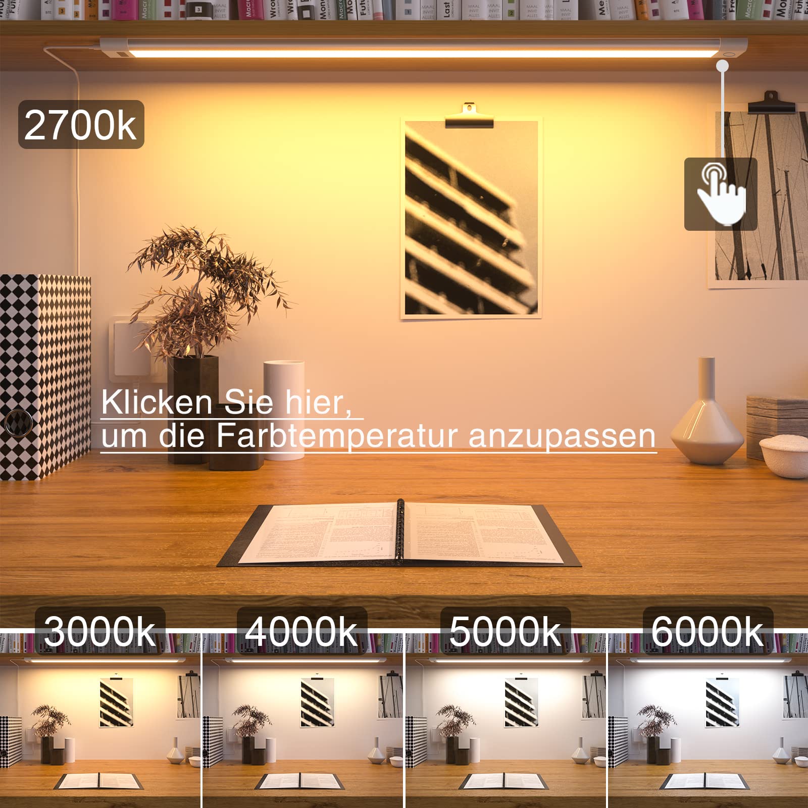 WOBANE 60cm Unterbauleuchte LED Dimmbar,5 Lichtfarben,Heller LED Lichtleiste mit Berührungsloser Sensor,LED küchenbeleuchtung unterbau,Unterschrank Beleuchtung für Regale,Werkbank