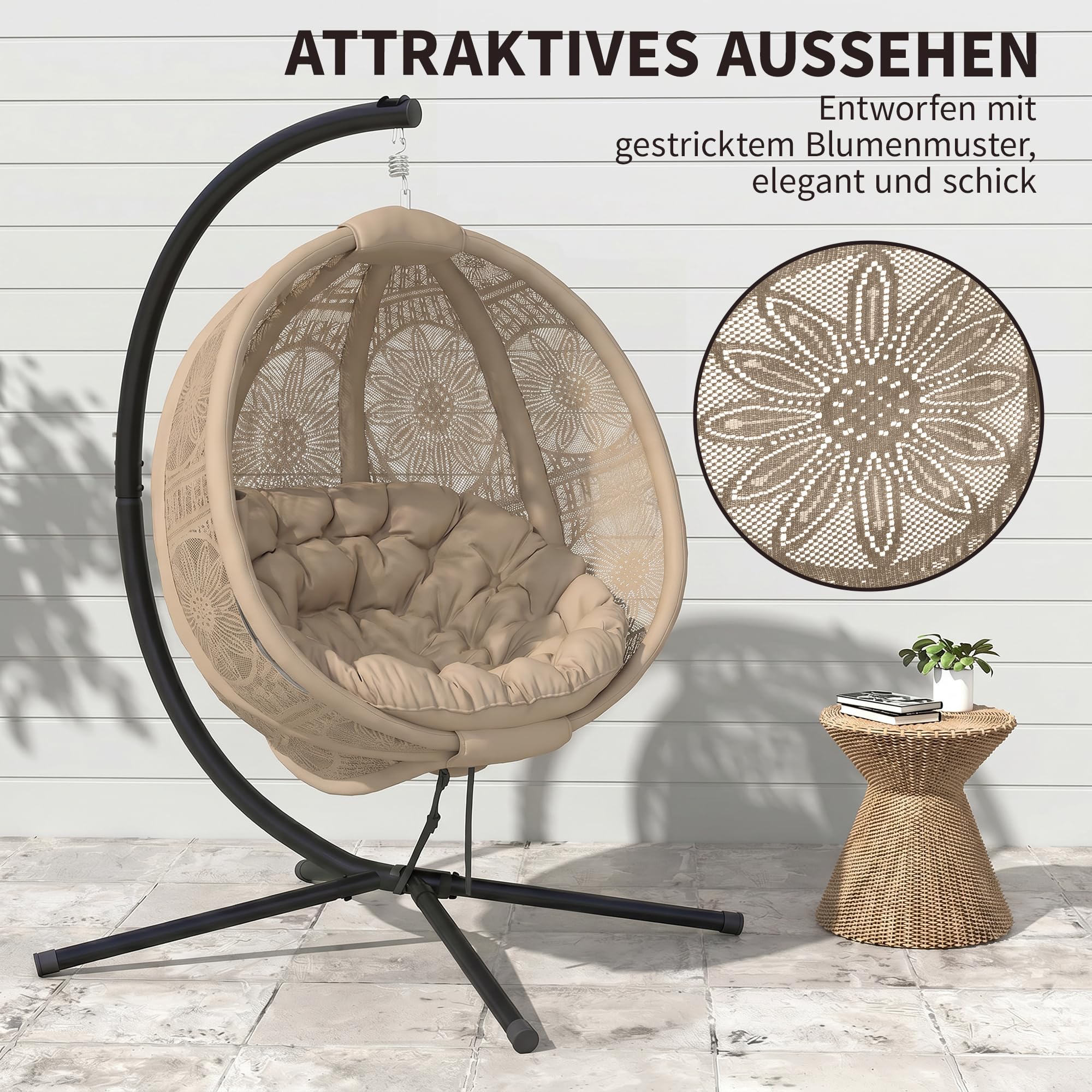 Outsunny Hängesessel, Hängeschaukel, Hängestuhl mit Sitzkissen, Klappbarem Sitzkorb, für Indoor, Outdoor, bis 120 kg Belastbar, Polyester, Sand