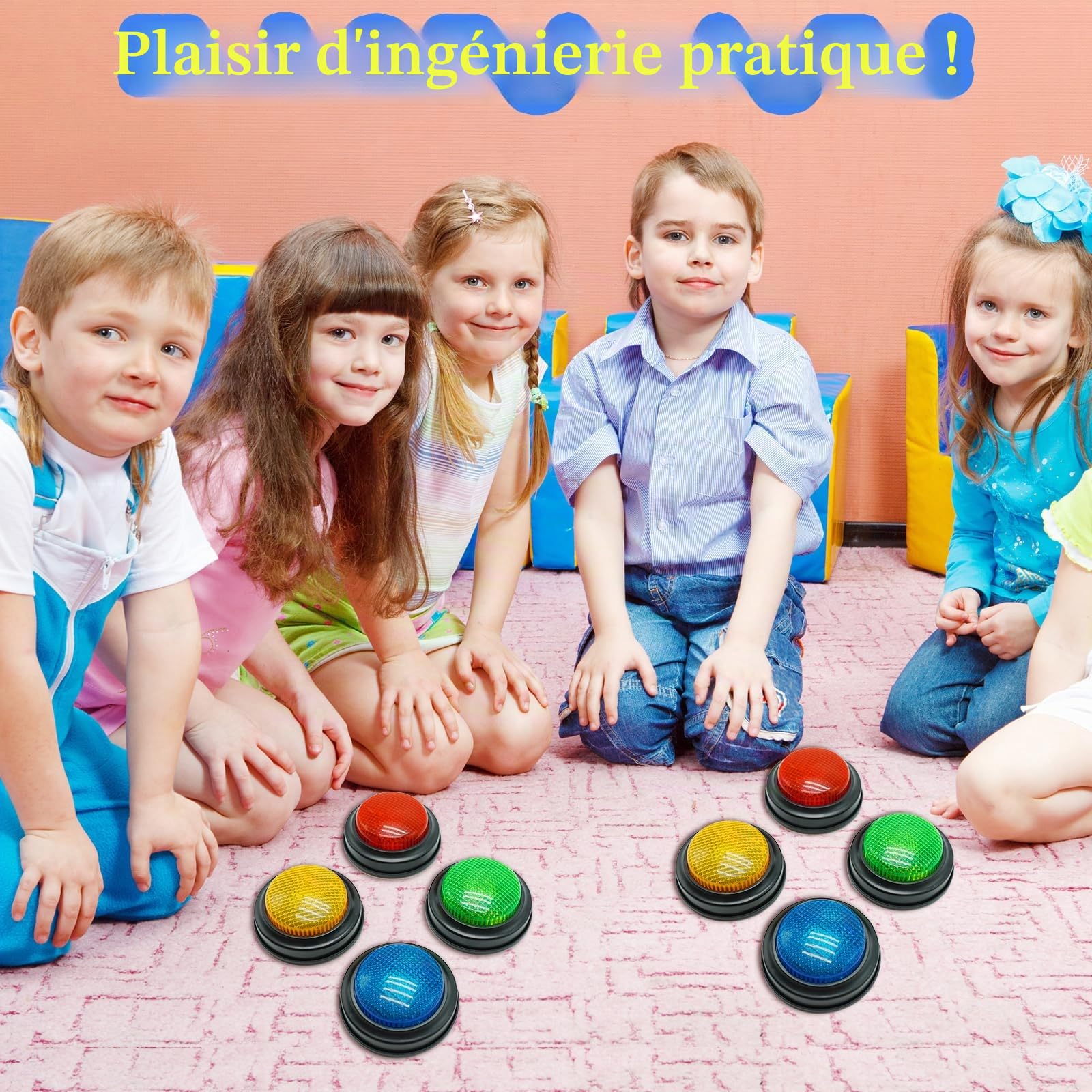 Gelaber Set de 4 Buzzer Blind Test, Buzzer pour Jeux de Questions avec 4 Sons Préenregistrés, Buzzer sonore et Lumineux, Cadeaux de Noël pour Enfants