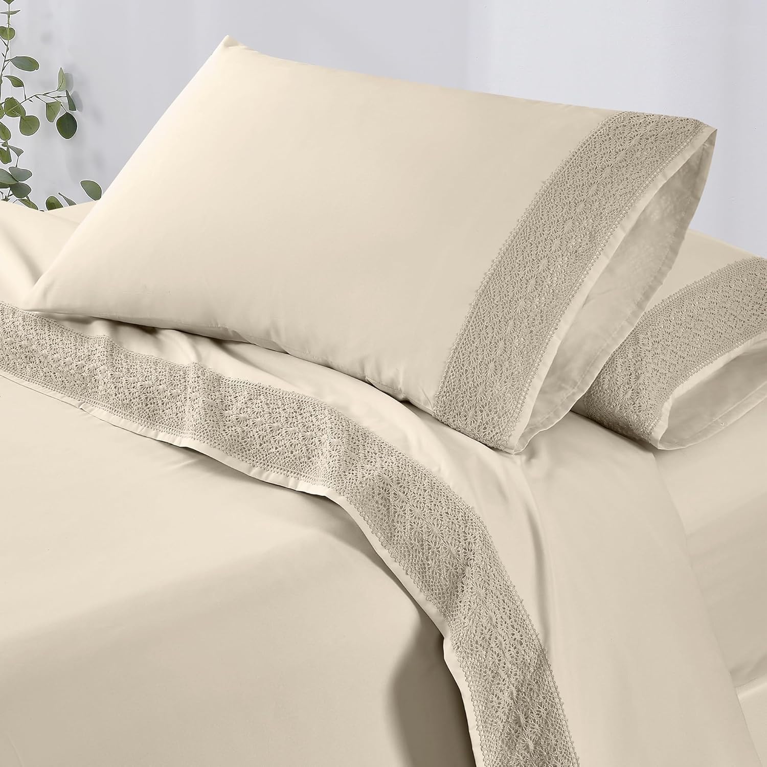 Modern Threads 4 Piece Microfiber Sheet Set – Soft Cooling Bed Sheets with Crochet Lace – Deep Pocket, Wrinkle Free, Breathable, Hotel Luxury Bedding, Beige, Full