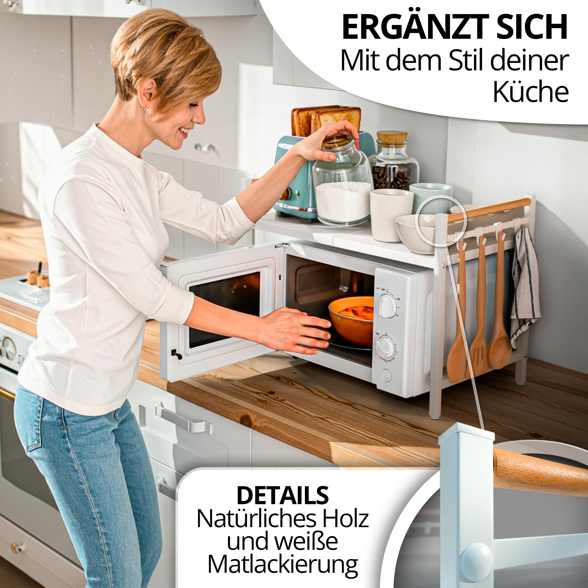 Mikrowellenregal Erweiterbar 40–60 cm – Weißes Küchenregal mit Holzgriffen für Arbeitsplatte, Höhenverstellbarer Mikrowellenständer aus Stahl, Regal für Mikrowelle, Kaffeemaschine & Airfryer
