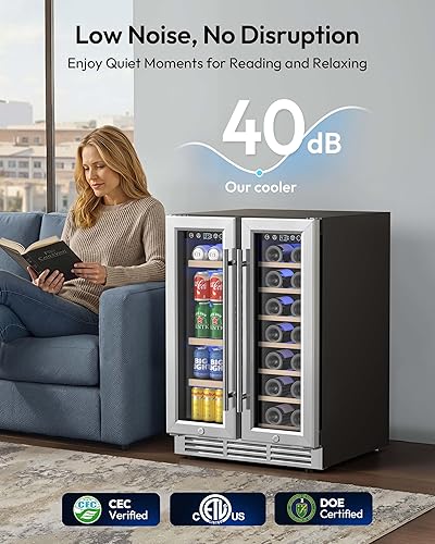 Miniatura 5 de EUHOMY Refrigerador de vino y bebidas, enfriador de vino de doble zona de 24 pulgadas con puerta de vidrio que contiene 21 botellas y 88 latas,