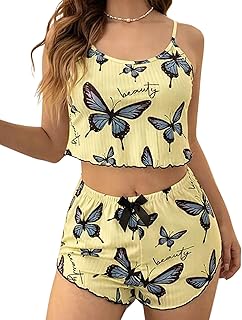 Butterfly Print Women Pajama Set Cute 2 Piece Sleepwear Cami Top Shorts | Spaghetti Strap Summer Nightwear | Soft Breathab...