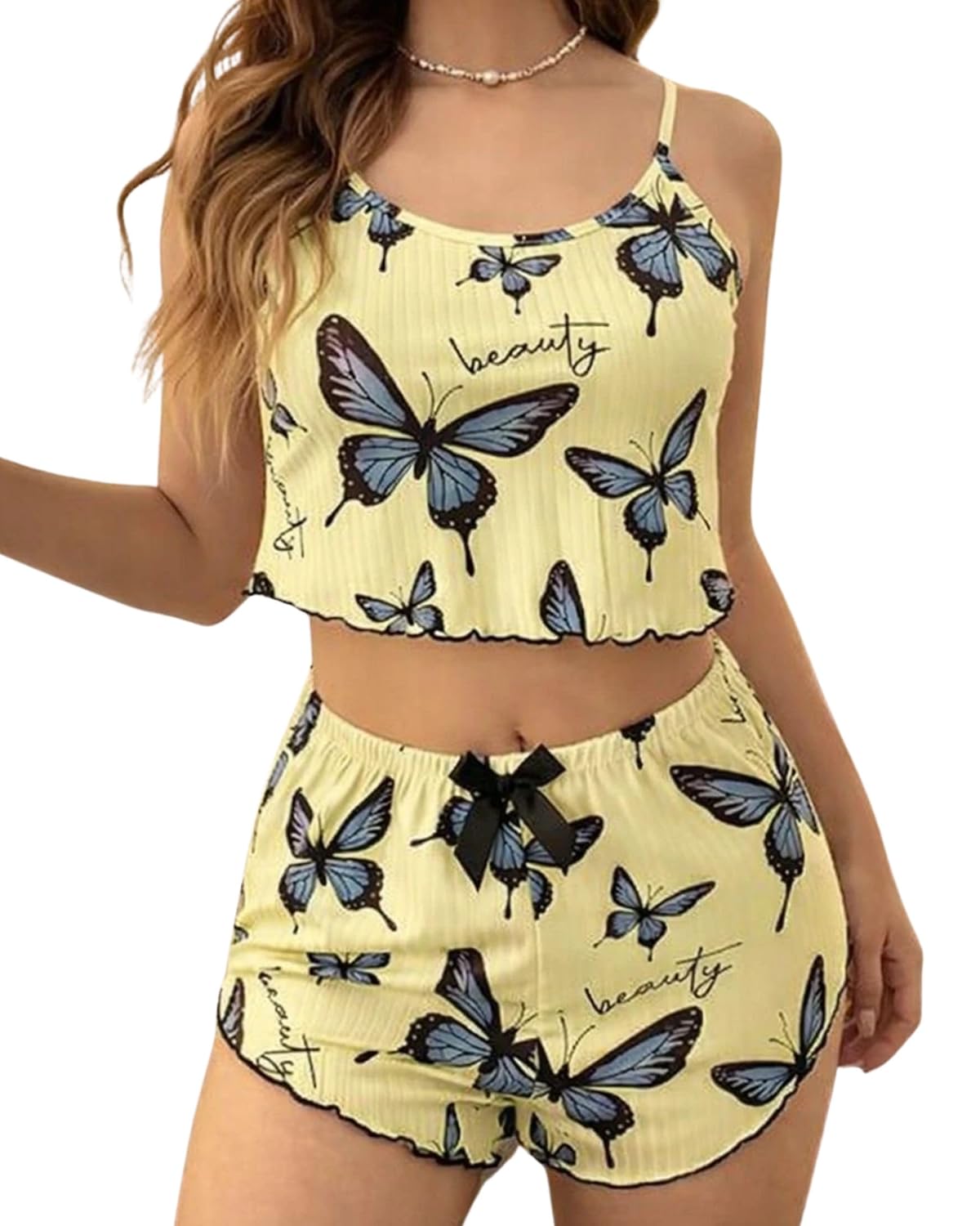 Butterfly Print Women Pajama Set Cute 2 Piece Sleepwear Cami Top Shorts | Spaghetti Strap Summer Nightwear | Soft Breathab... - Review, Price and Buying Guide