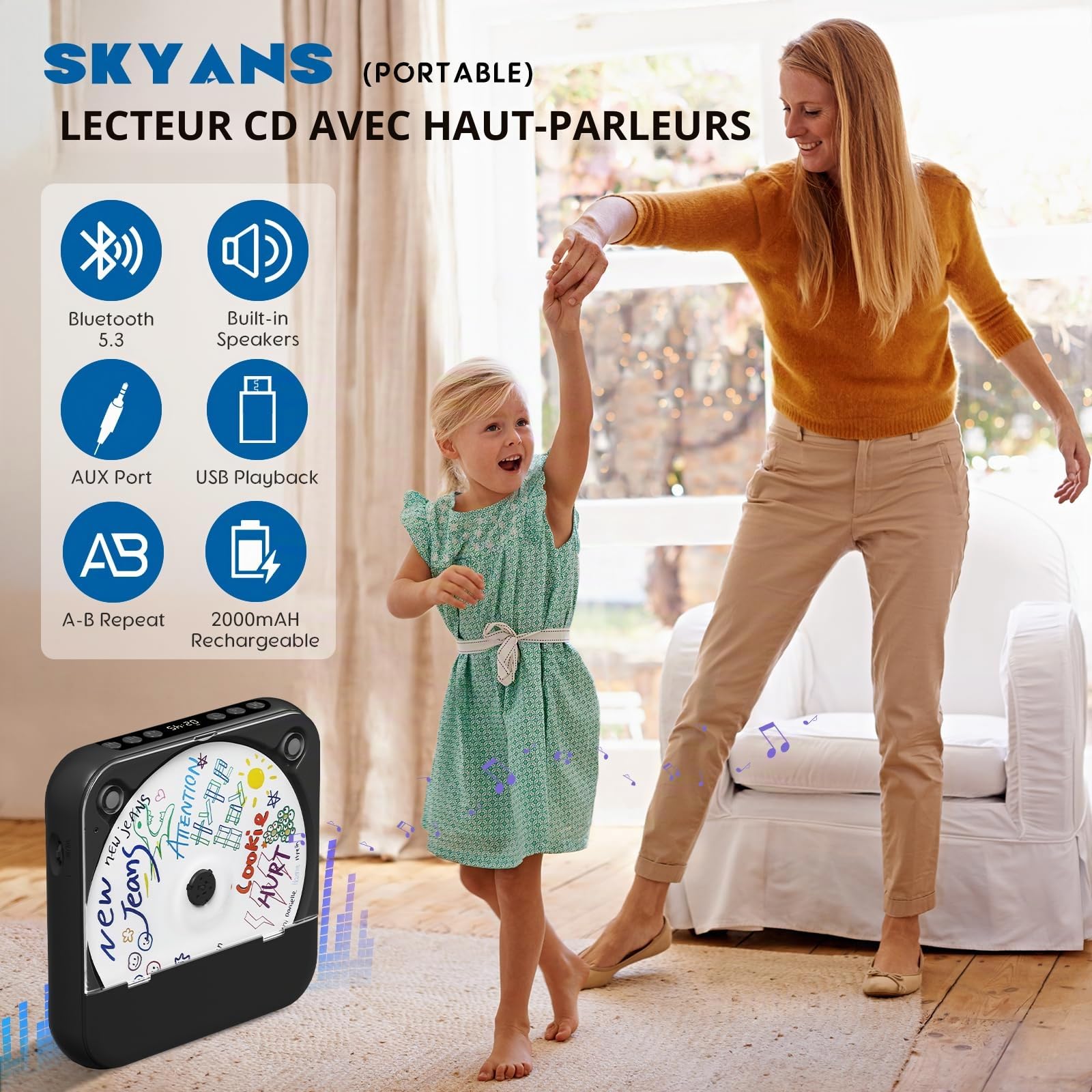 Lecteur CD portable avec Bluetooth, petit lecteur CD rechargeable, haut-parleurs HiFi intégrés, lecteur CD Walkman avec écouteurs, écran LCD, prise en charge CD/AUX/USB/répétition, noir