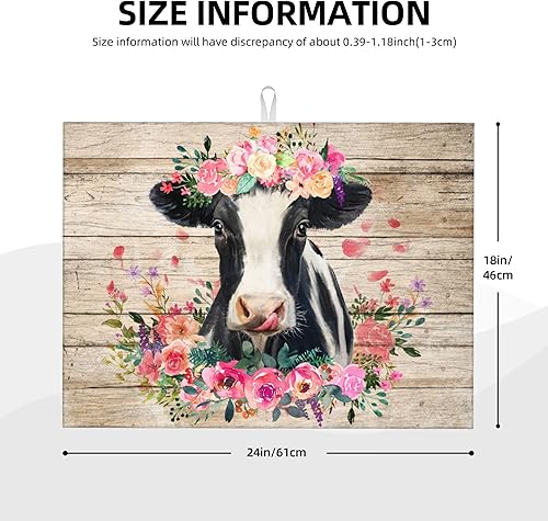 Miniatura 2 de Tapete de secado de platos de vaca con flores para encimera de cocina, tapete de microfibra absorbente de microfibra para escurrir platos, grande,