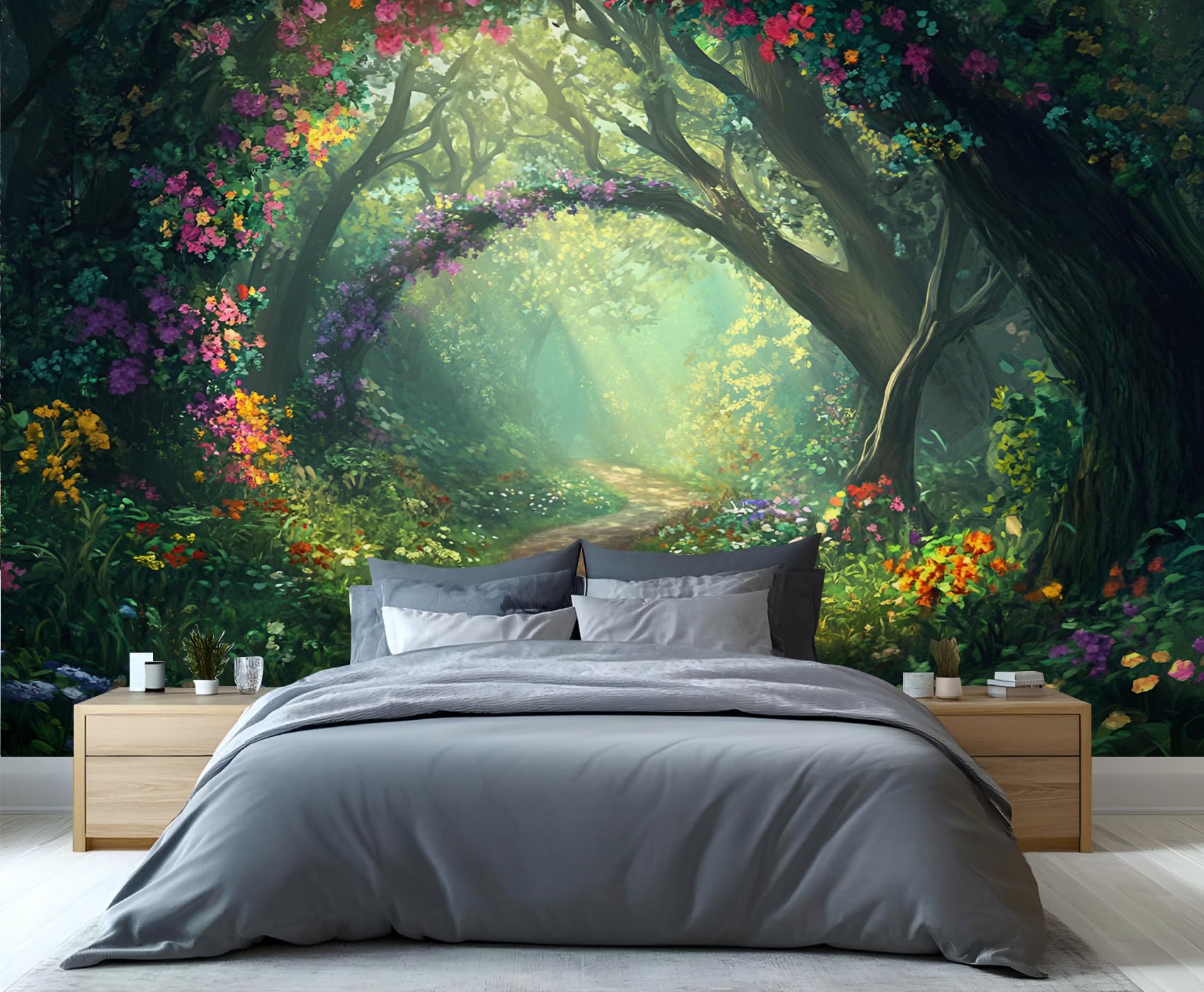 Green Forest Wallpaper for Bedroom, Forest Flowers 3D Wall Murals, Tree Holes Renter Friendly Wallpaper for Living Room Dining Room Non-self-Adhesive