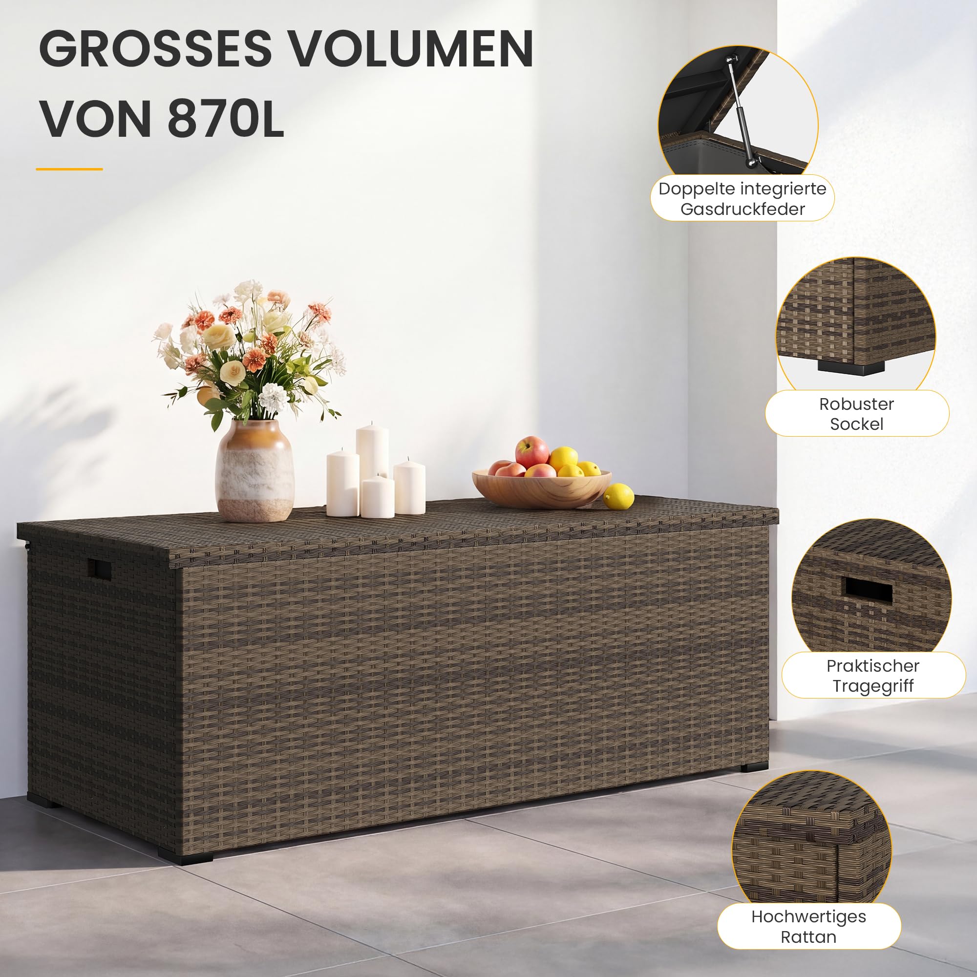 UDPATIO Gartenbox Wasserdicht 870L, Aufbewahrungsbox Garten XXXL, Auflagenbox Wetterfest, Kissenbox Outdoor mit Deckel, Gasdruckfedern | Braun