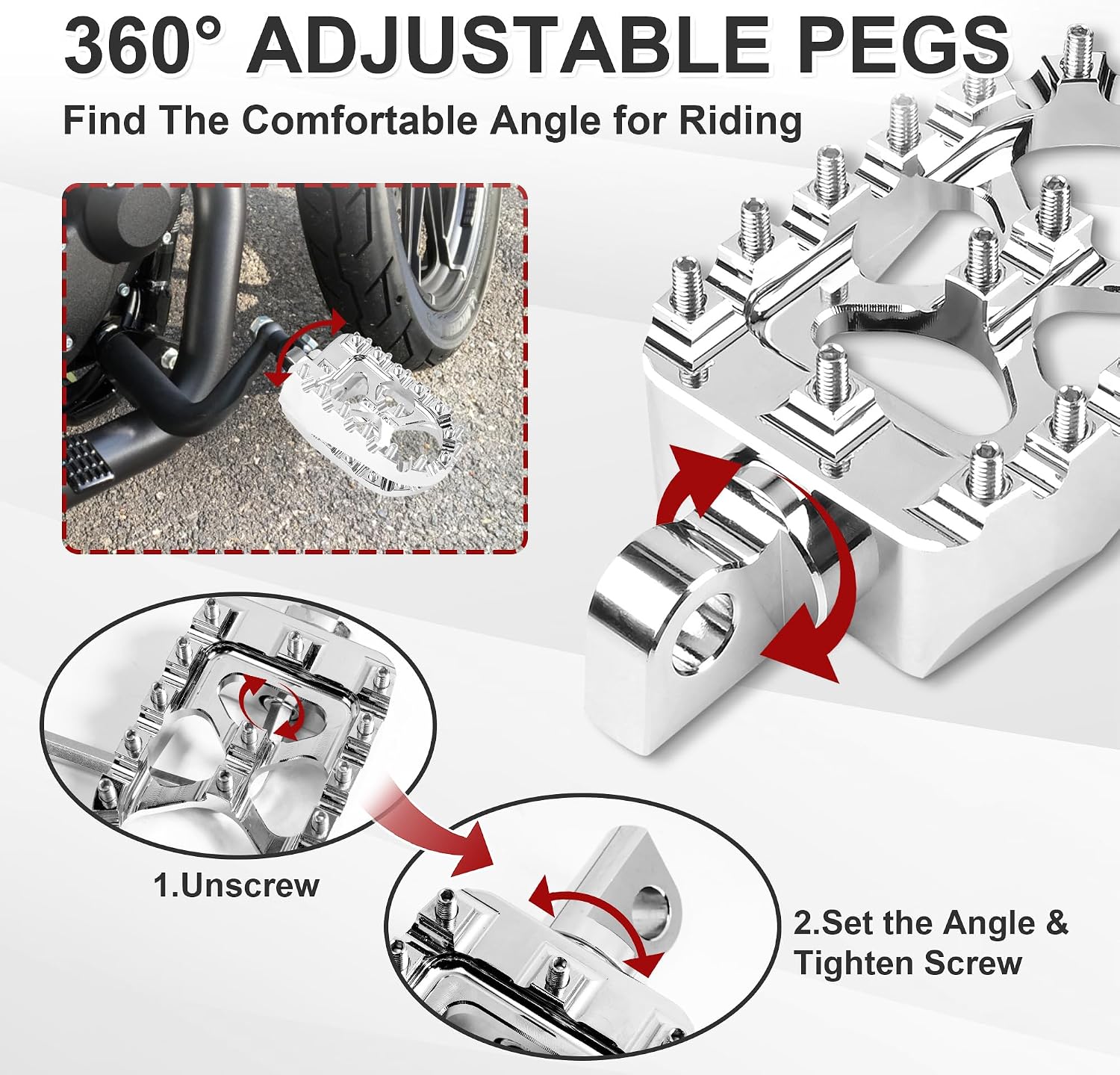 MX Foot Pegs Fits for Harley Dyna Sportster Street Bob Fatboy Iron 883 | Chopper Bobber Style Male Mount Footpegs, 360° Roating CNC Pedals (Chrome)