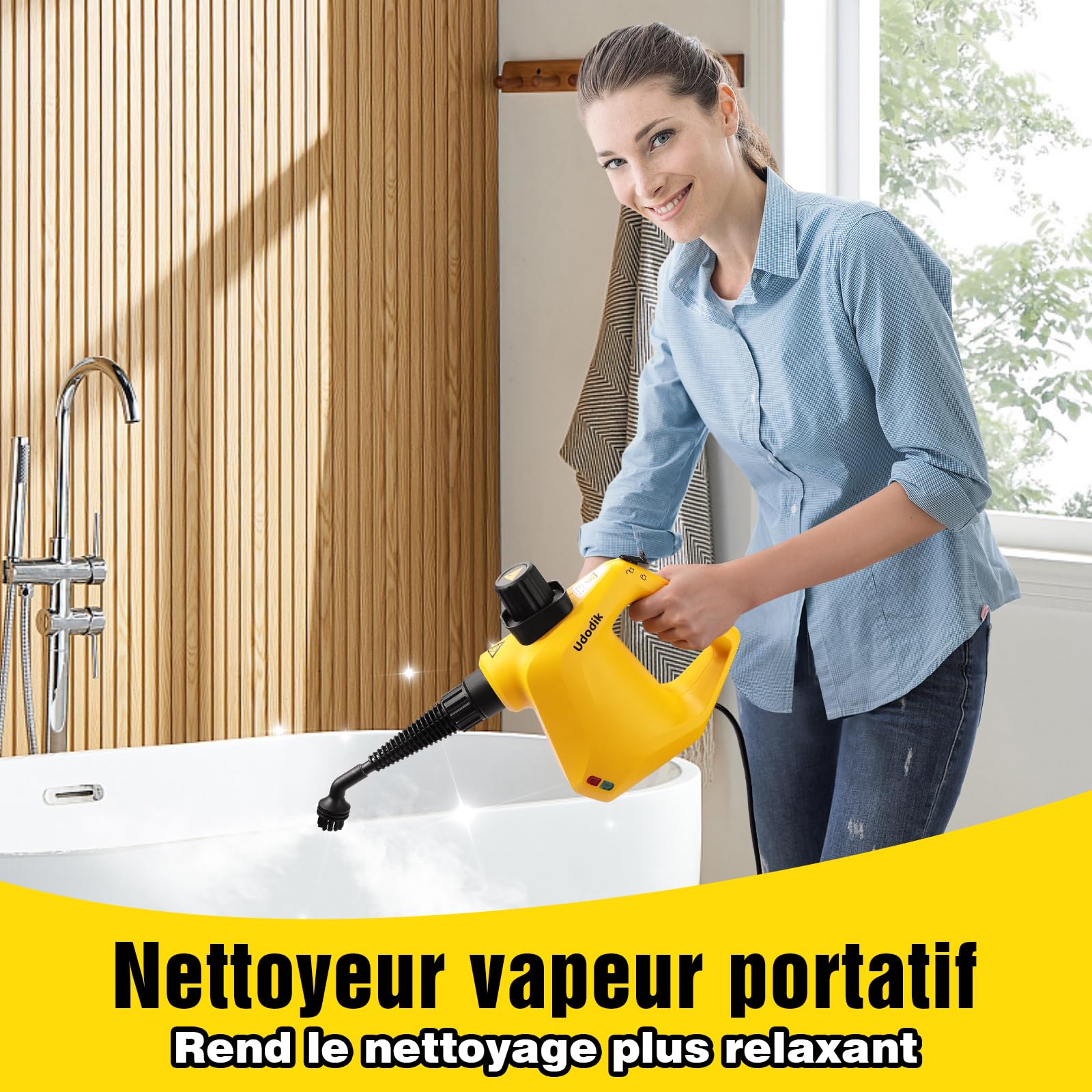 Nettoyeur vapeur portable pour la maison, multi-usages avec 10 accessoires pour tapis, rideaux, canapés, cuisine, punaises, salle de bain et plus encore (yellow)