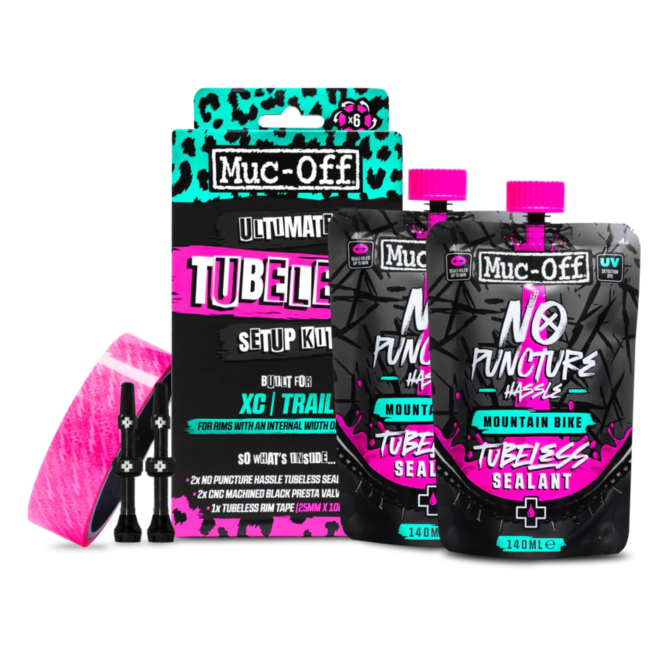 Muc Off Ultimate Tubeless Setup Kit - Complete Tubeless Conversion Kit with Sealant, Rim Tape, Valves, and Patches - Fits MTB, Road, Gravel & CX Wheels - XC/Trail (25mm Tape / 44mm Valves)