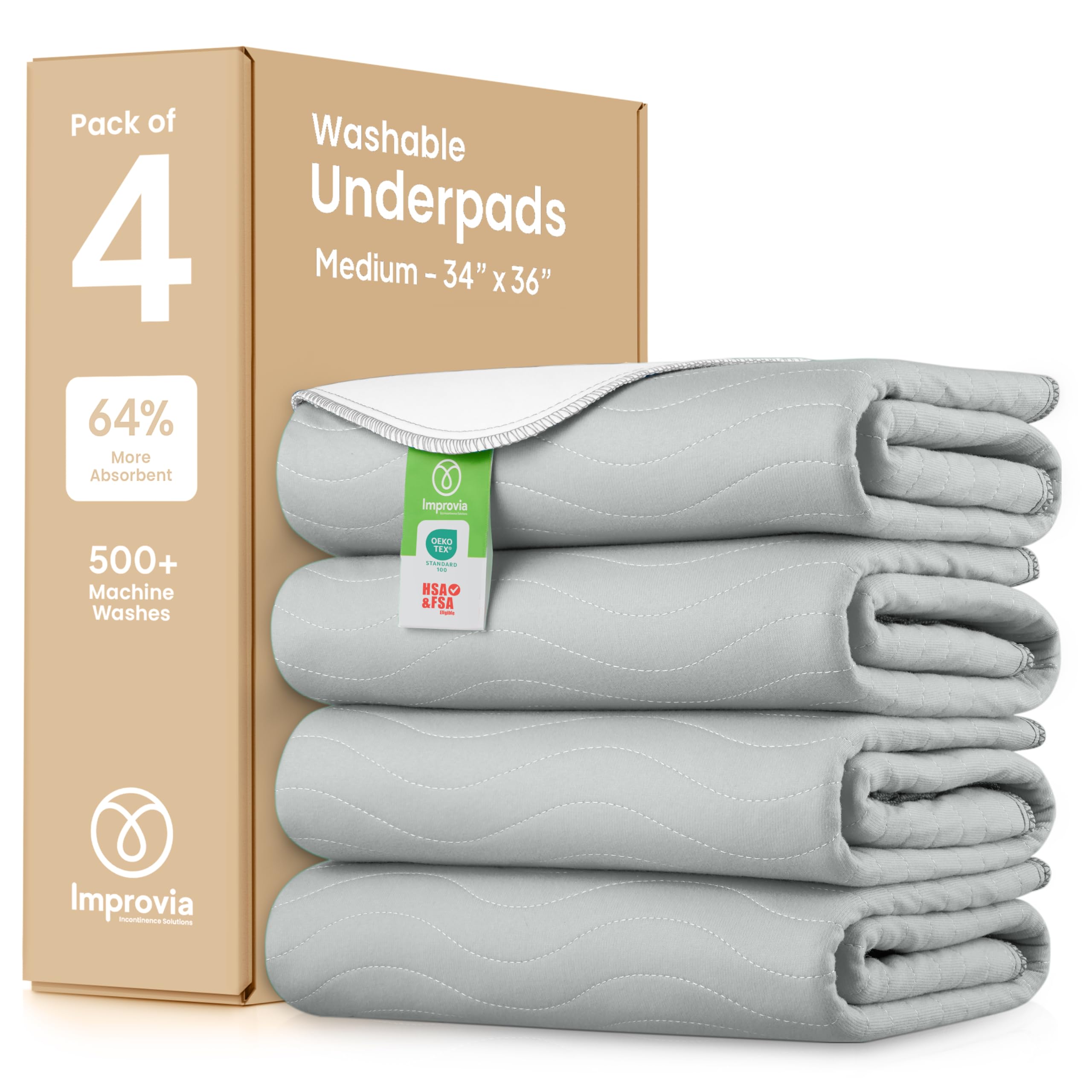IMPROVIA® Almohadillas lavables de gran absorción reutilizables para incontinencia para niños, adultos, ancianos y mascotas, protección impermeable para cama, sofá, muebles, suelo (paquete de 4, 34 x
