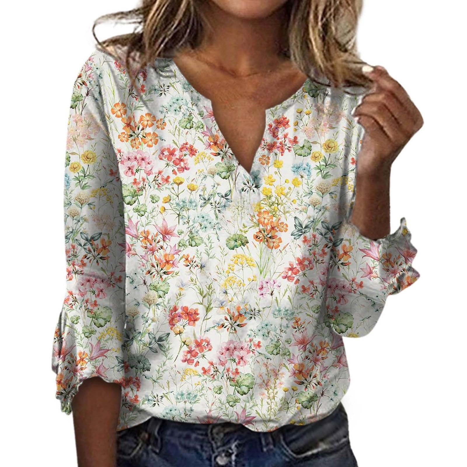 SAKMO3/4 Sleeve Tops for Women Trendy 2023 Cute Boho Floral Tunic Shirts Dressy Casual Bell Sleeve V Neck Fall Clothes