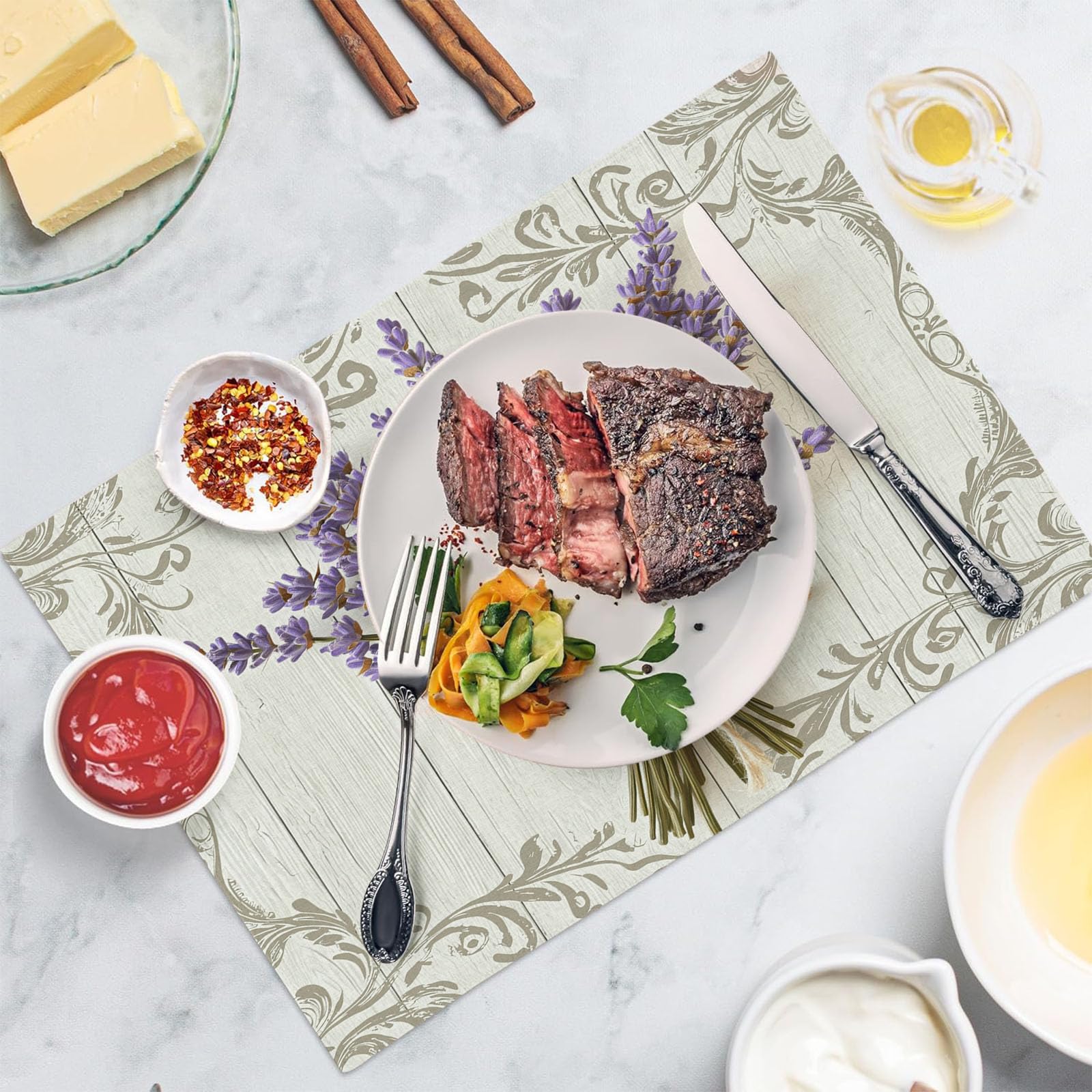 Set di 8 Colazione Stoffa 30x45cm, Bouquet Di Lavanda Cotone e lino Tovagliette Americane Lavabili, Tovagliette Retro Venature Del Legno per Primavera Vacanze Cucina Feste, Pasqua