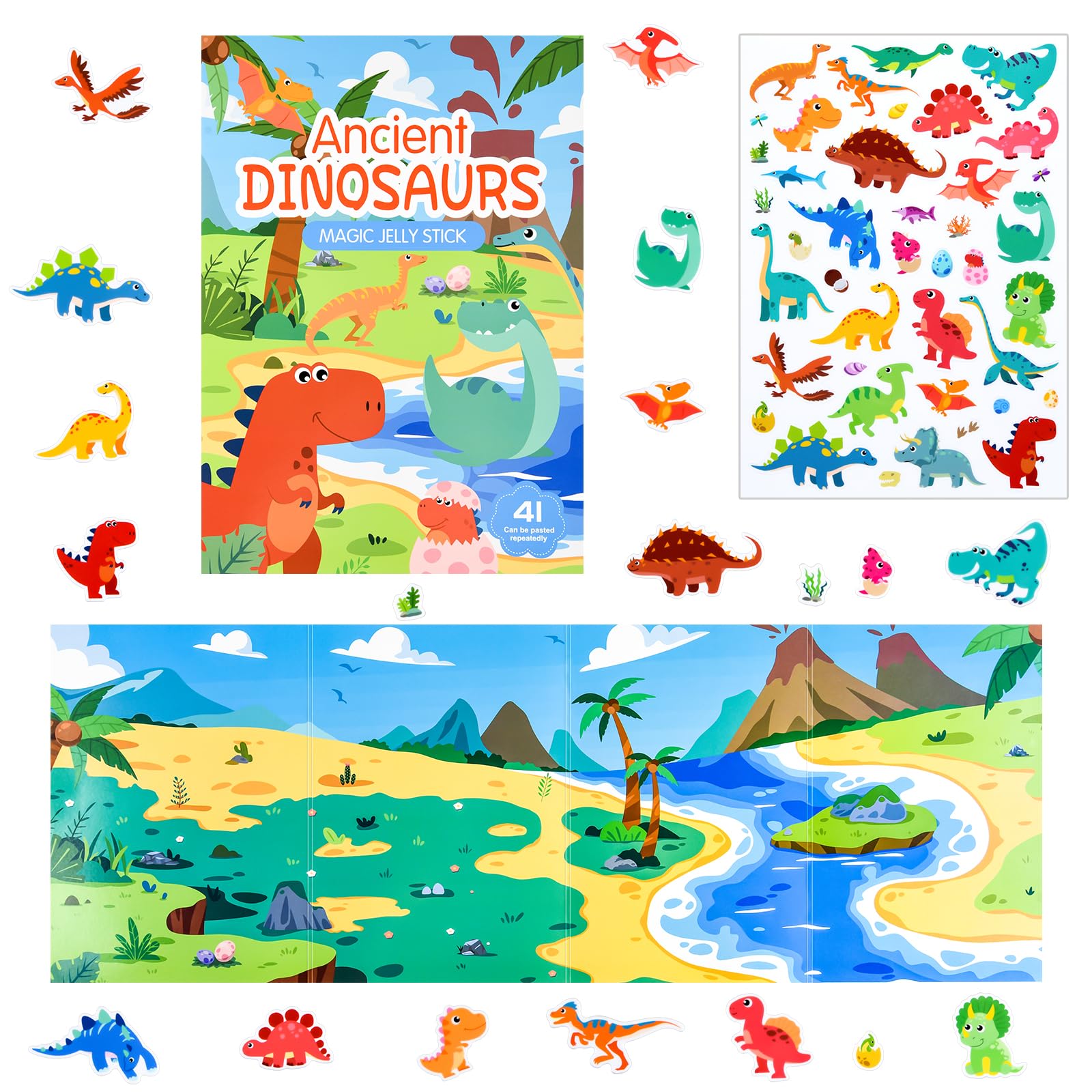 ASTARON Libro de pegatinas de dinosaurios para niños pequeños, pegatinas de dinosaurios impermeables reutilizables, actividades en avión, juguetes de viaje para niños