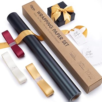 Keypan Black Gift Wrap Paper Roll Set with Ribbon & Tags, 17" x 33 ft
