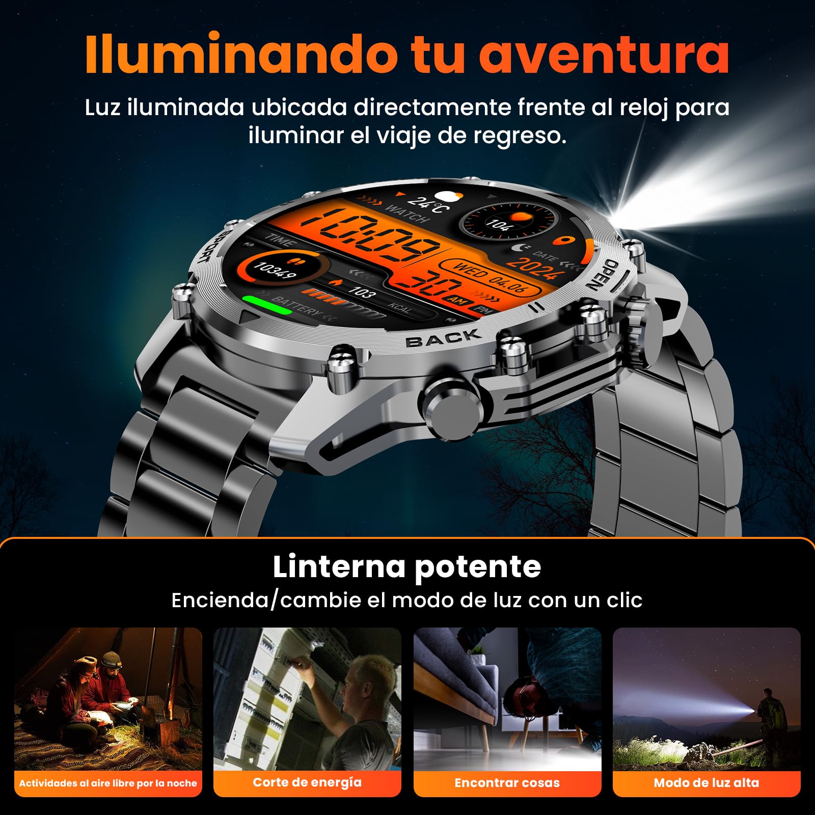 Reloj Inteligente Hombre con Linterna, 1.52" HD Smartwatch Militar con 500 mAh Batería(7-20 días), Relojes Inteligentes Hombre con 110+ Deportivos/Monitor Sueño/Pulsómetro/SpO2 para iOS Android