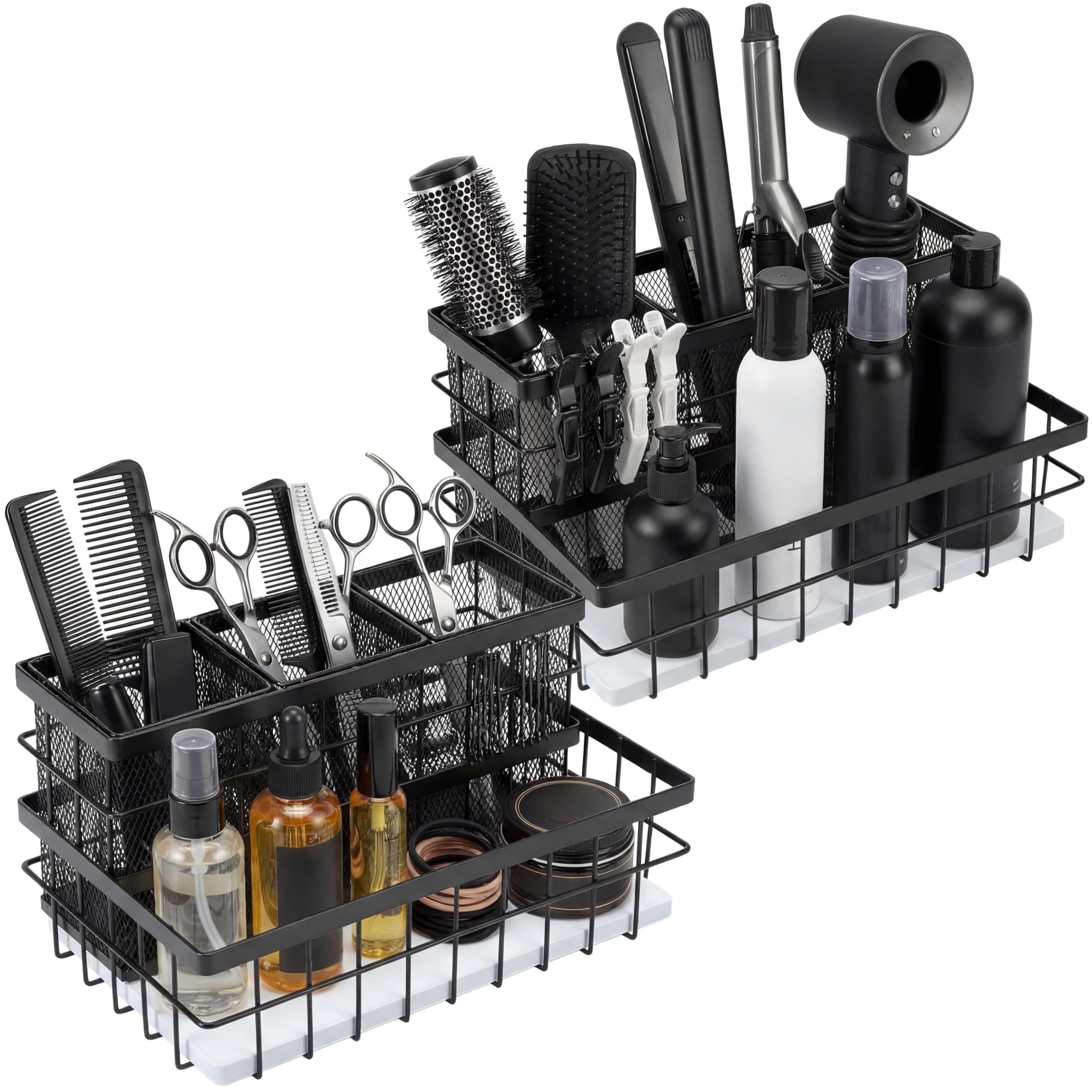 AceOrbit 2 organizadores de herramientas para el cabello, organizador de herramientas calientes de metal y bambú, transpirable, debajo del fregadero, soporte para secador de pelo, cepillo de encimera