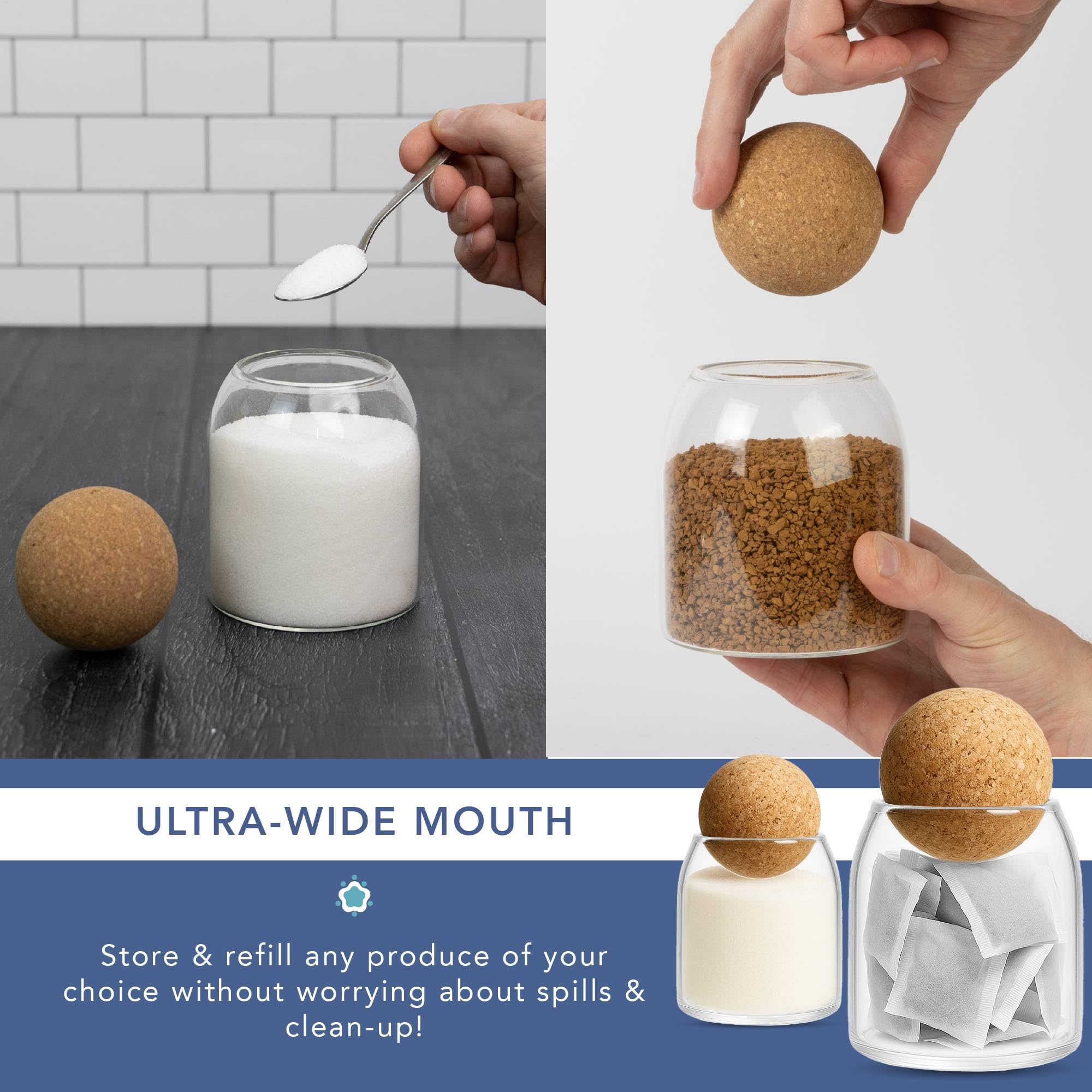 HEFTMAN Tarros de cristal con tapa de corcho, juego de 3 botes de 500 ml, para café, té, azúcar, borosilicato, elegantes tarros de cristal con corcho para sal, especias, alimentos secos