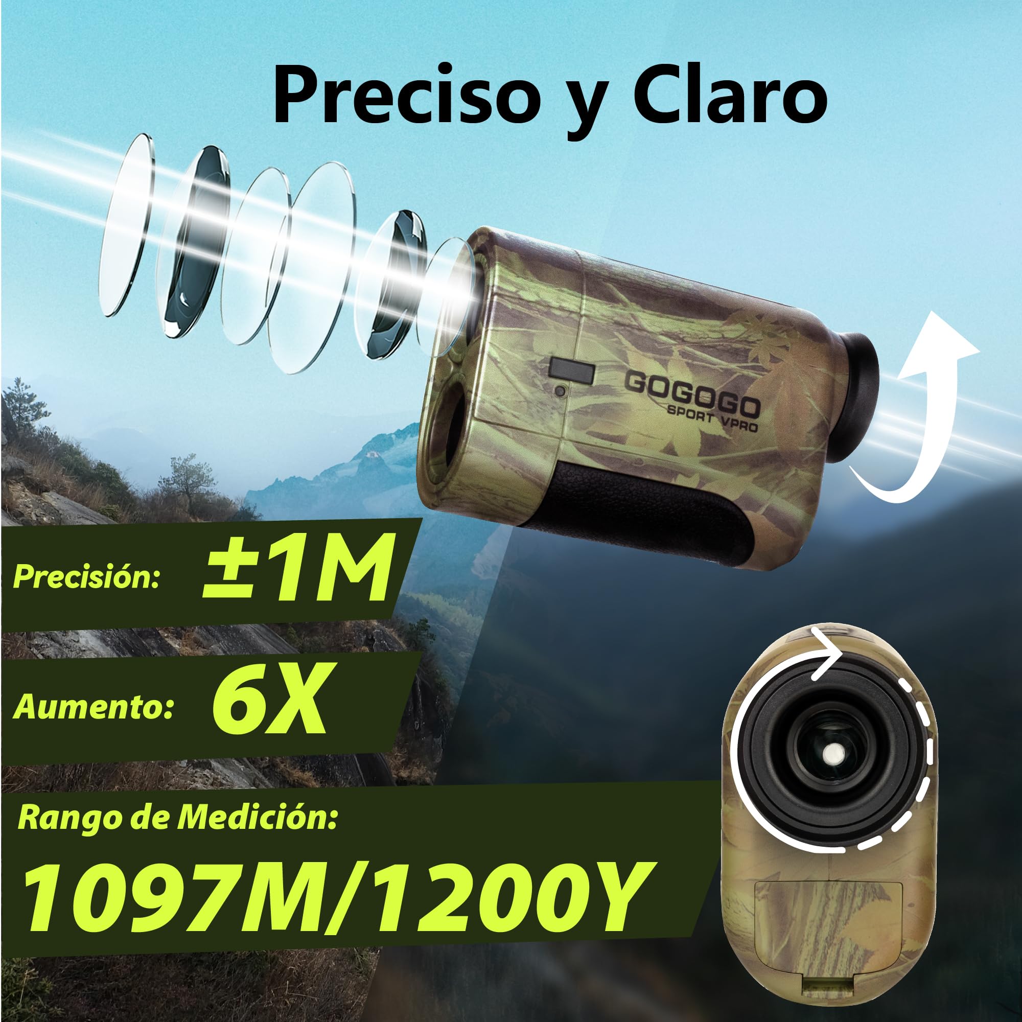 Gogogo Sport Vpro Telémetro Caza Golf 1097 M/Yardas, Medidor Laser 3 Modos de Bloqueo de Bandera & Vibración, Escaneo, Velocidad, Pantalla HD Precisión ±1yd, Batería Gratis